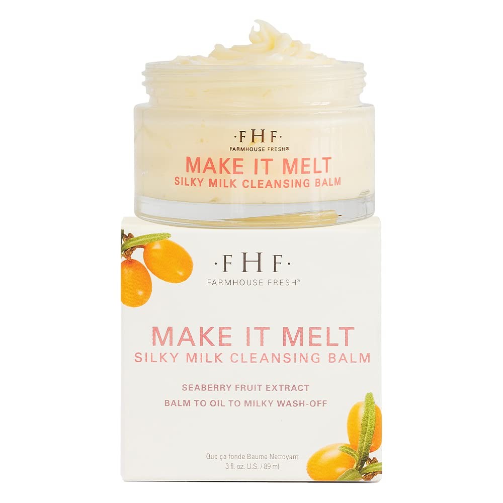 FarmHouse Fresh Cleansing Balm makeup remover with vitamin C, silky milk texture, suitable for travel skincare routines.