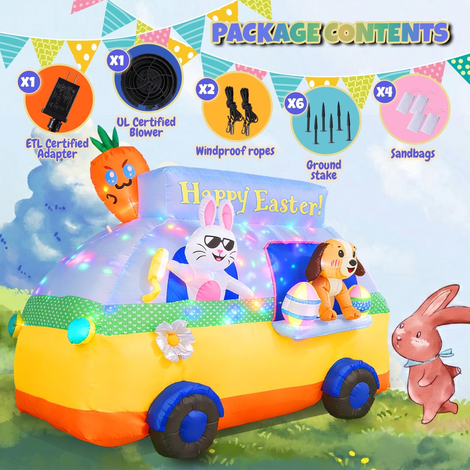 GIFTFIND 7.3FT Easter inflatables outdoor decorations featuring a bunny and dog for festive holiday display.