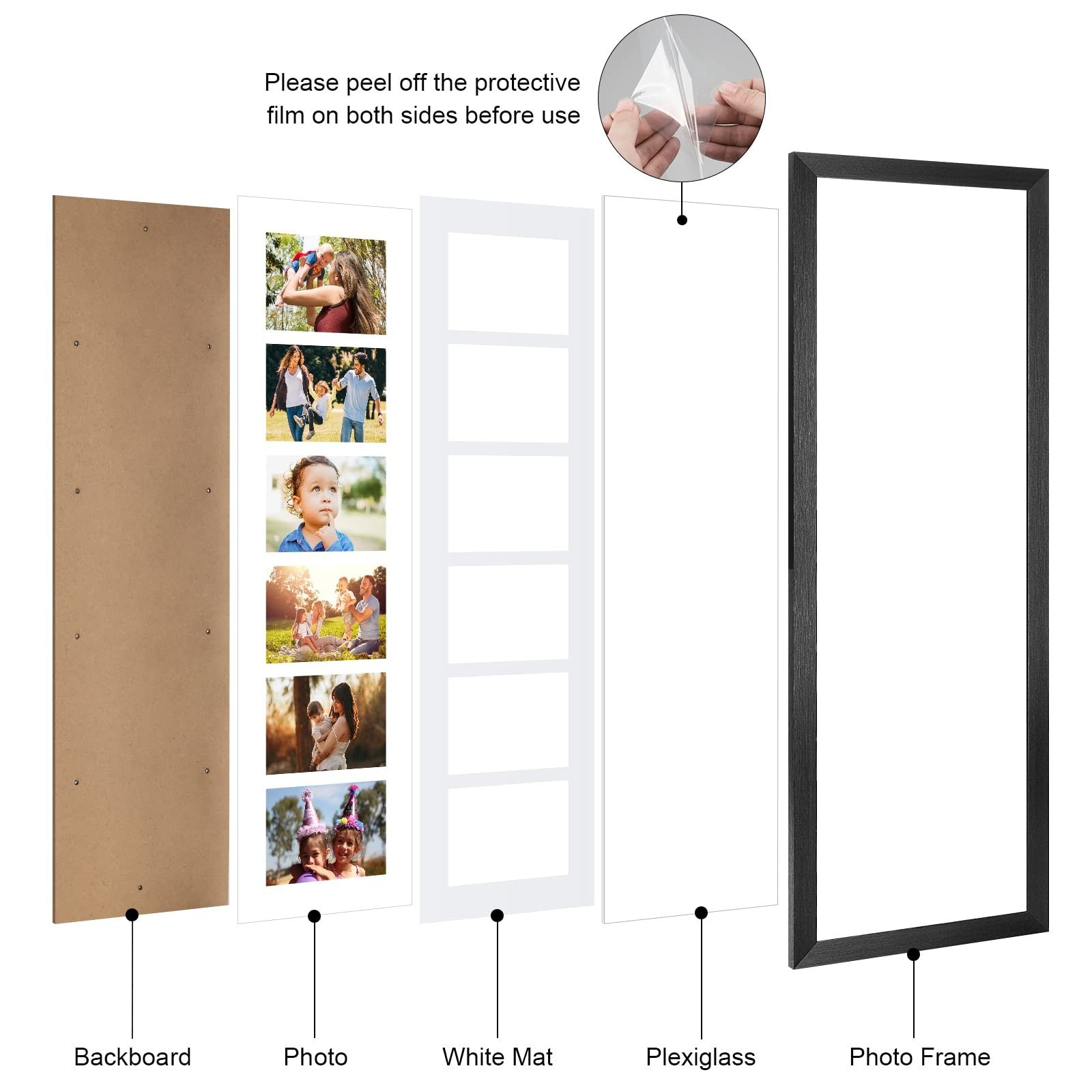 KSROECUD 8x26 collage picture frame with six 4x6 openings for displaying multiple photos in a decorative wall frame.
