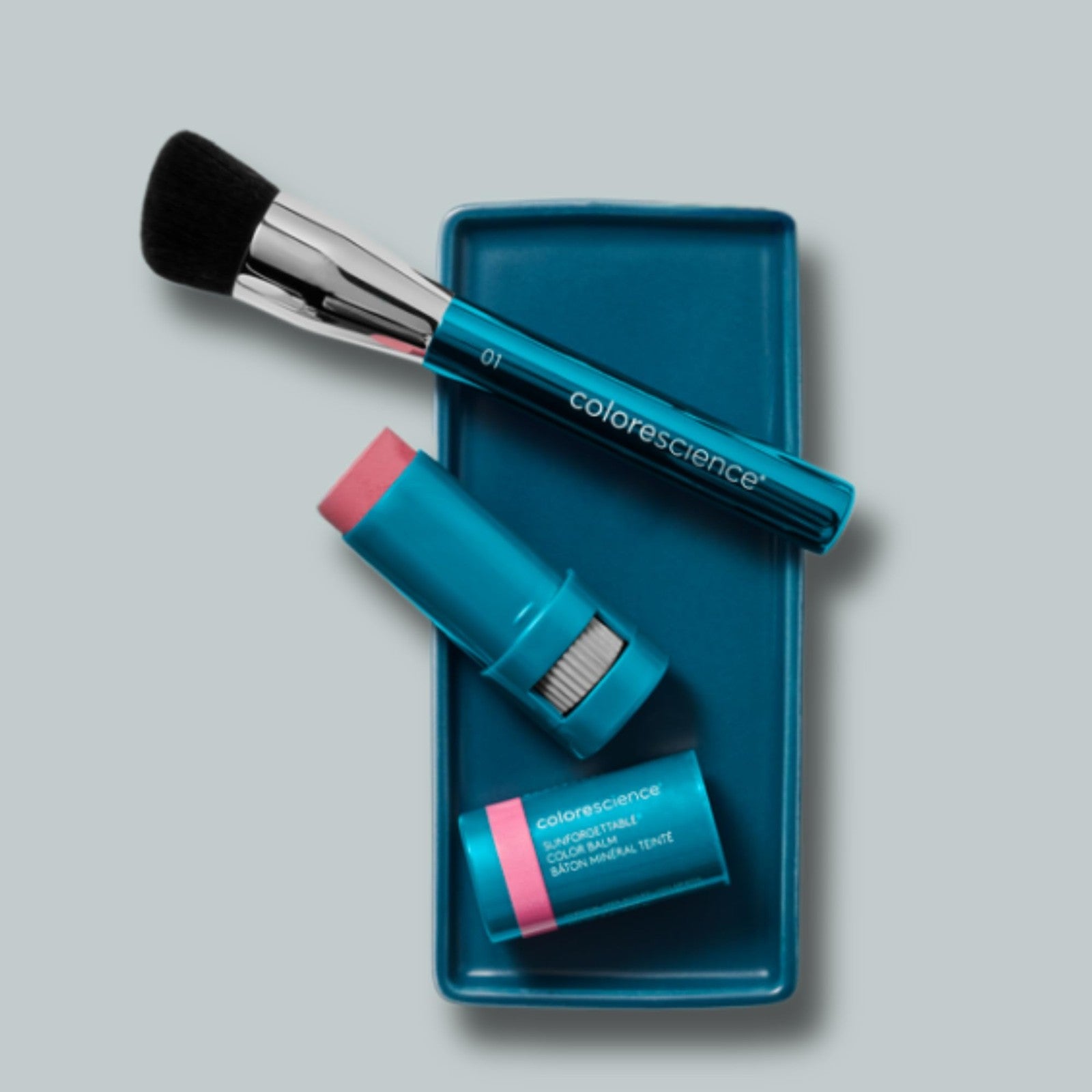 Colorescience Professional Angled Face Brush-01 showing a close-up of the angled brush head and handle for makeup application.