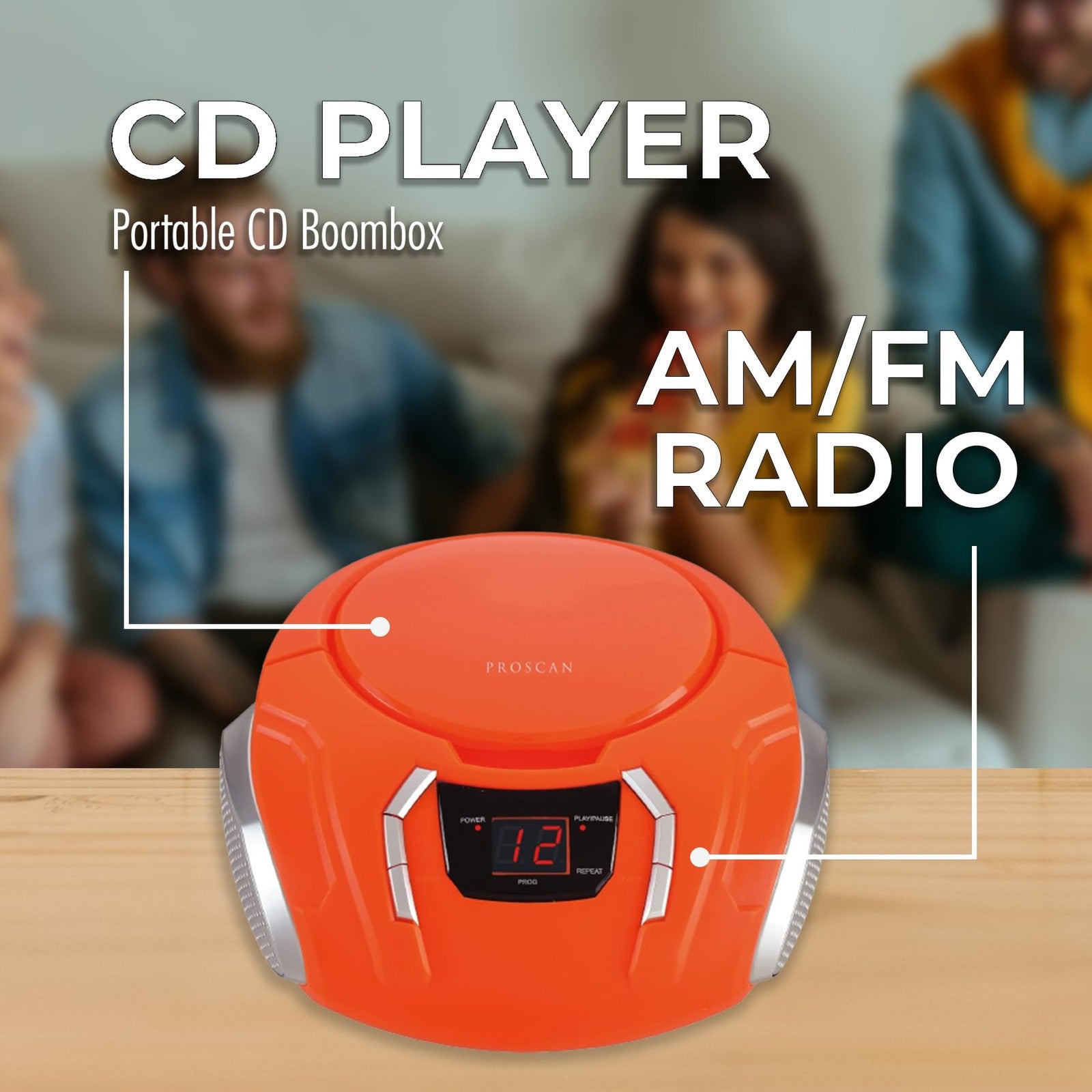 PROSCAN ELITE portable CD player boombox with built-in speakers and AM/FM radio, shown with controls and display.