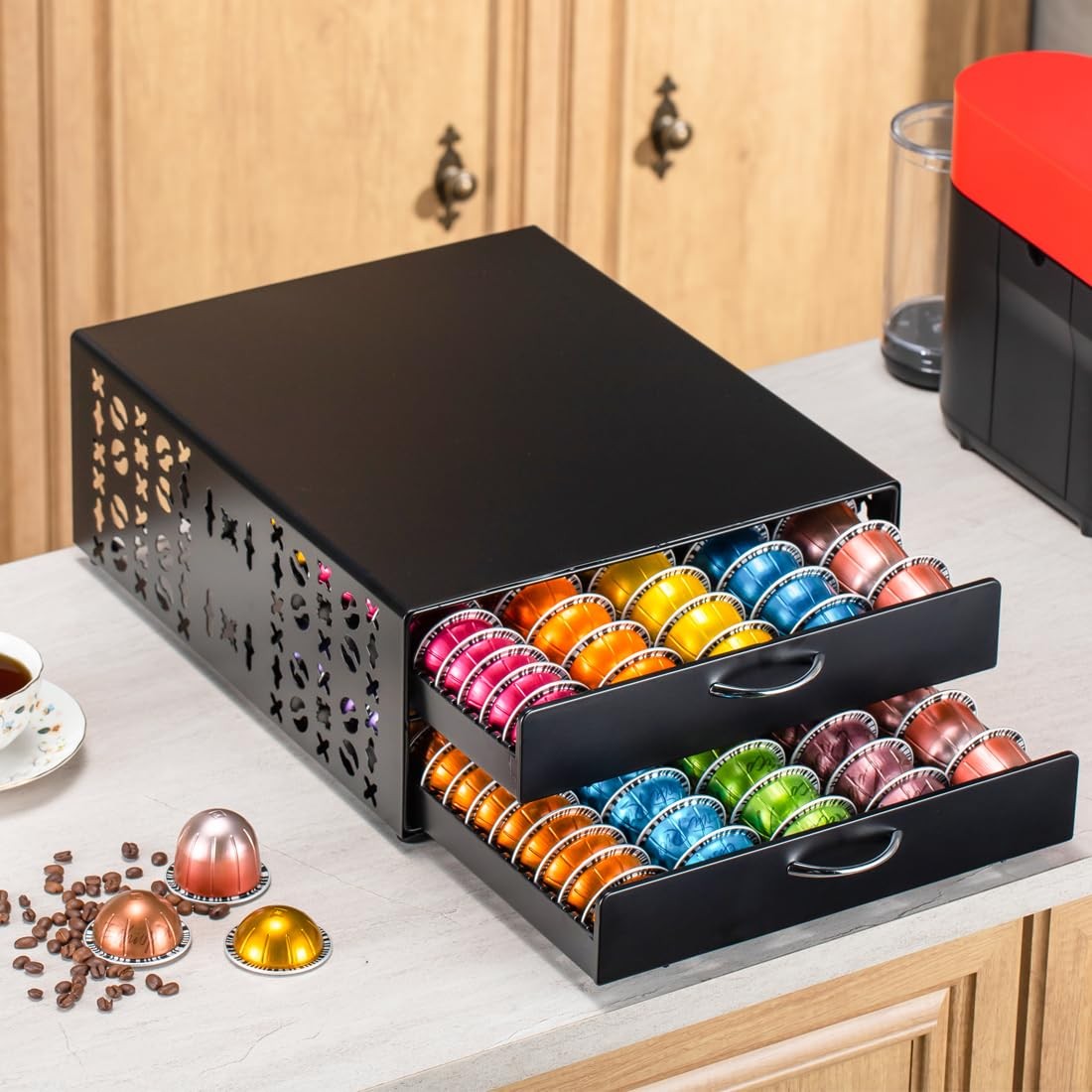 FlagShip Vertuo Pod Holder coffee storage organizer for Nespresso, large capacity, with multiple compartments for capsules.