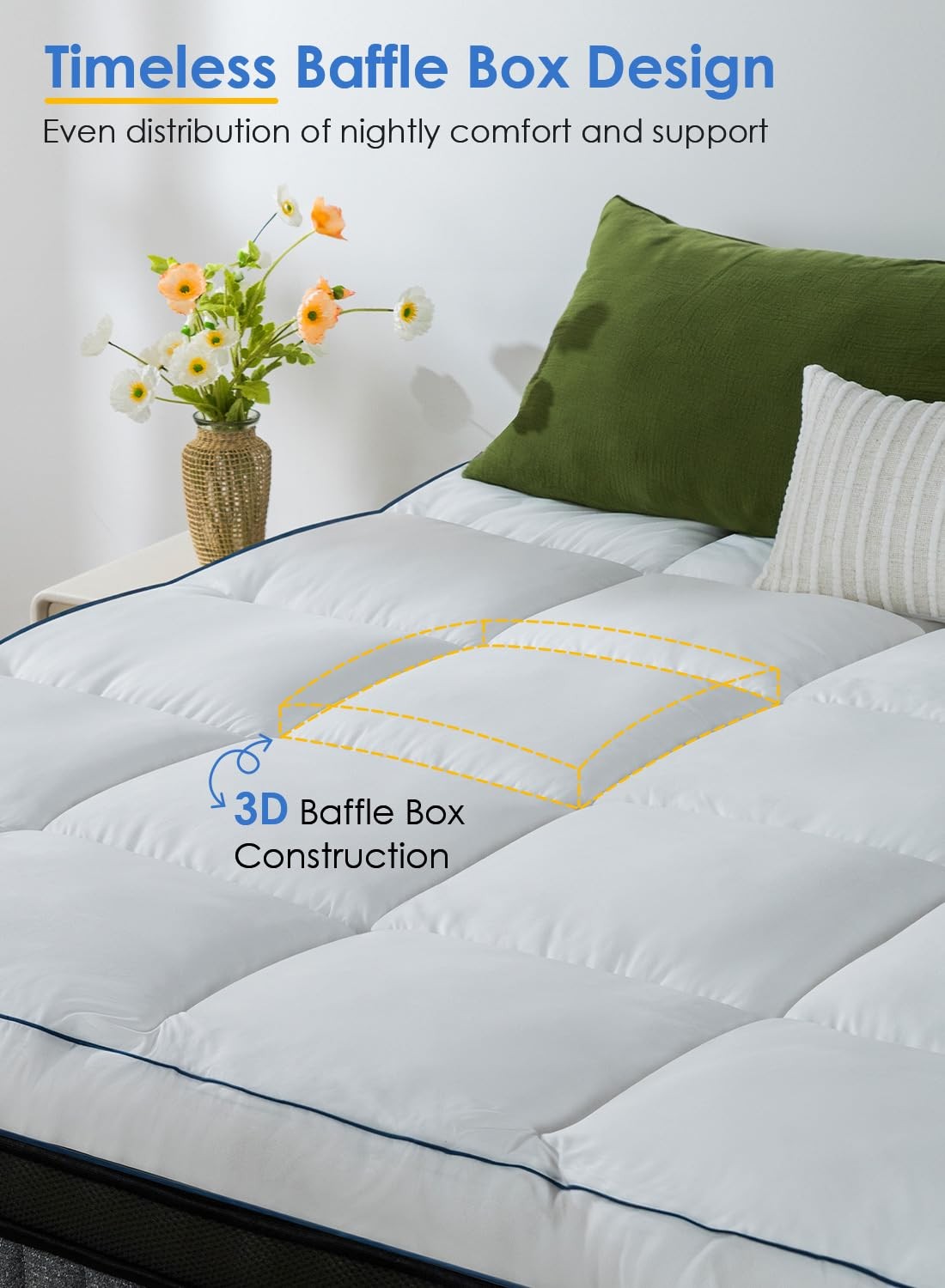 QUEEN ROSE King pillow top mattress topper, extra thick and soft bed pad, shown on a neatly made bed for added comfort.