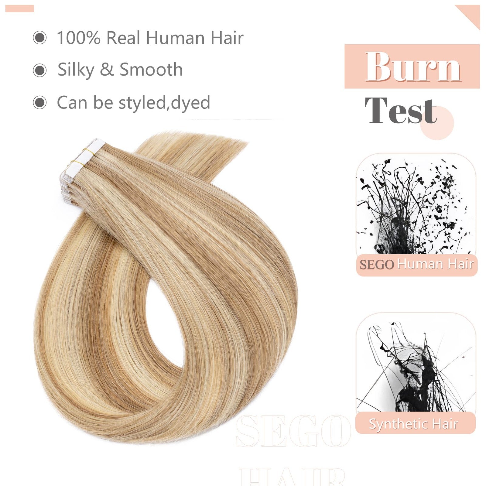 Blonde highlighted human hair tape-in extensions in 20 pieces, 14 inches long, with a natural, seamless appearance.