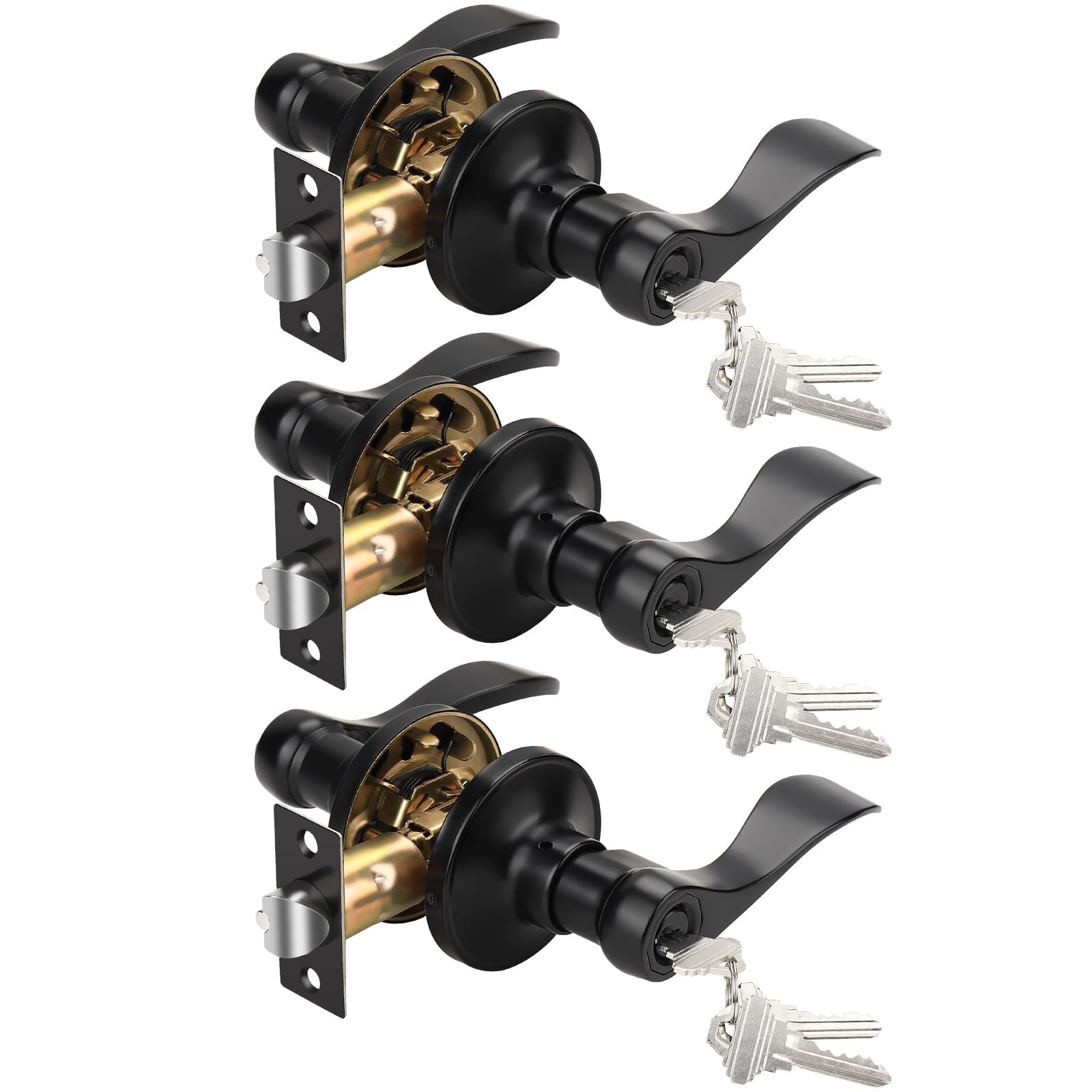 Knobonly 3-pack matte black keyed bathroom and bedroom door locks with handles, suitable for front and interior doors.