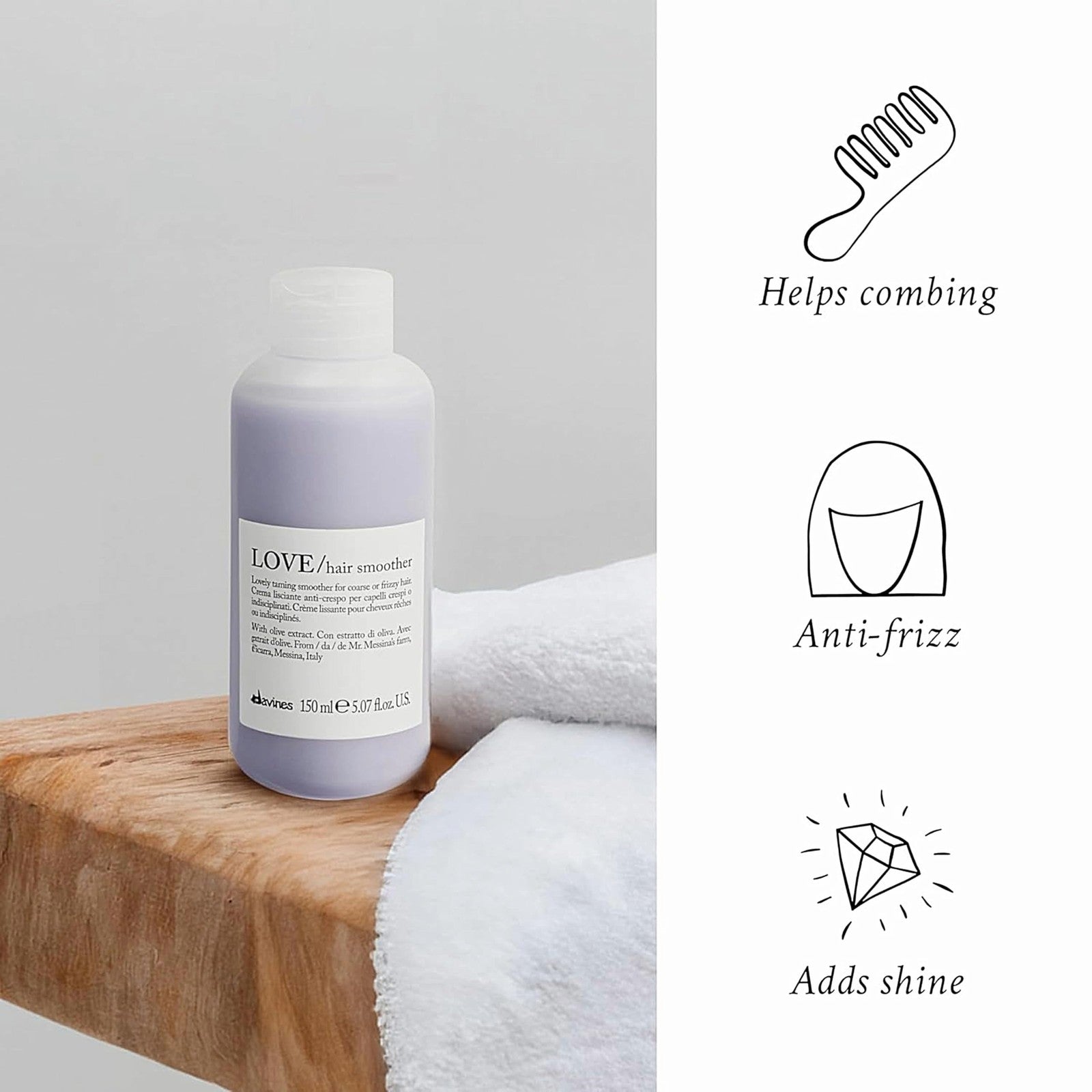 Davines LOVE Hair Smoother Leave-On Cream for frizz and unruly wavy hair, 5.07oz, with a tube of the smoothing cream.