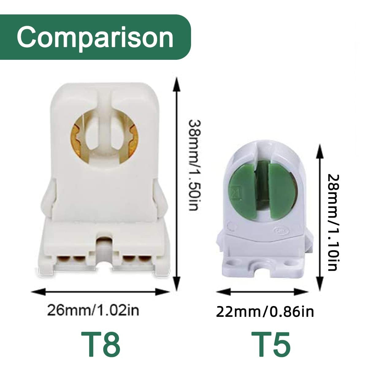 MZyoyo T5 LED fluorescent tube lamp holder, 20-pack, showing the socket and wiring for T5 LED tube lighting installation