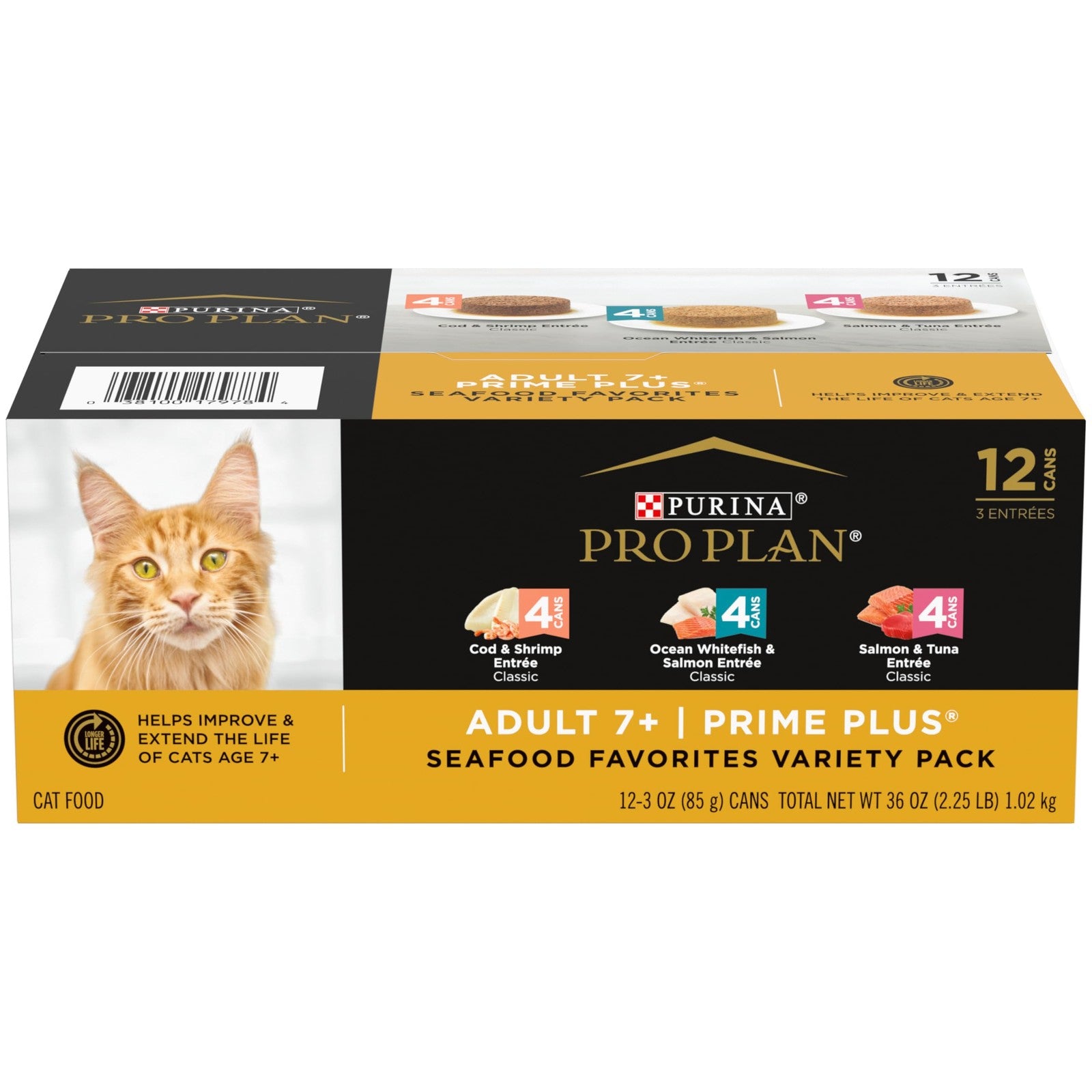 Assorted Purina Pro Plan Senior Wet Cat Food Grain-Free Pate Seafood variety pack with ten cans, featuring colorful labels and seafood flavors.