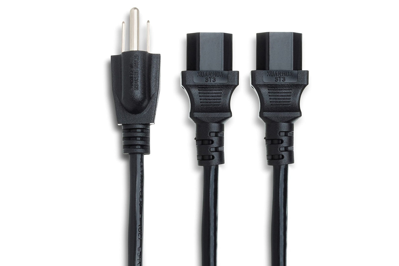 Hosa YIE-406 Power Y Cable with dual IEC C13 connectors and NEMA 5-15P plug, 1.5 feet long for audio and electronic power.