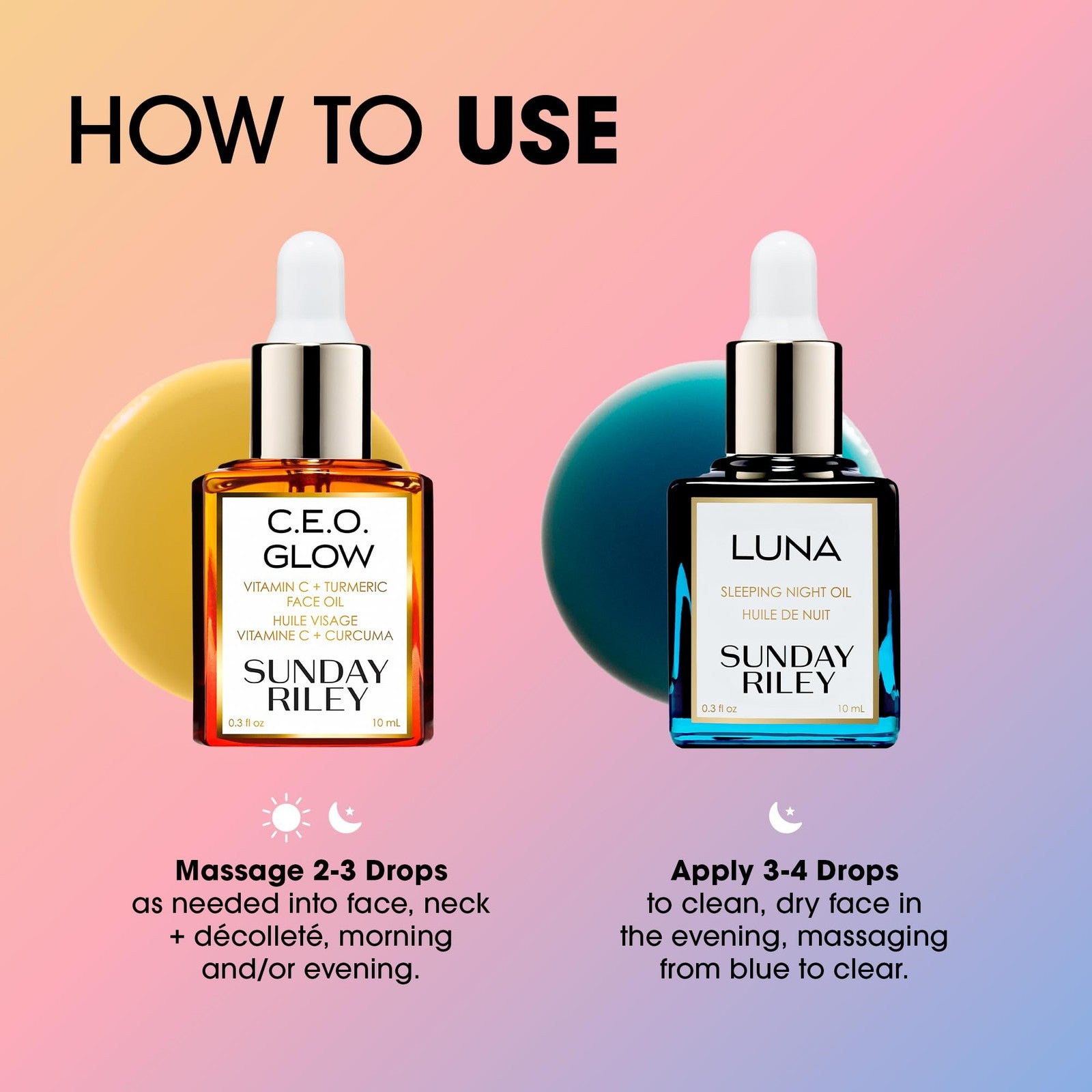 Sunday Riley Day + Night Brighten and Plump Set with Vitamin C and Retinol face oils, showing bottles and packaging.