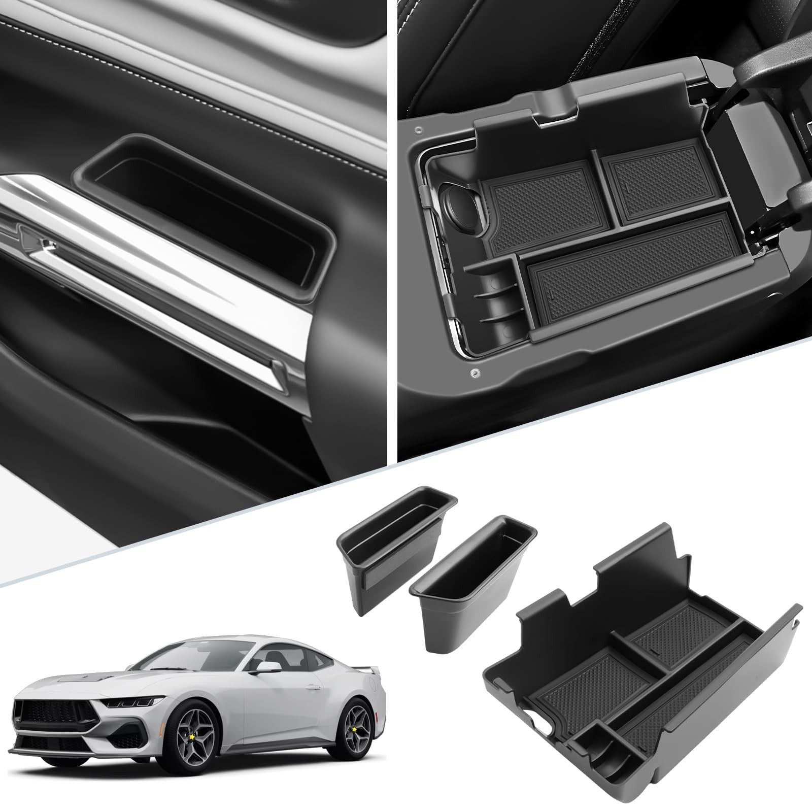 SKTU 3-piece Mustang center console organizer for 2024-2026 Ford Mustang, showing the fitted compartments and sleek black design.