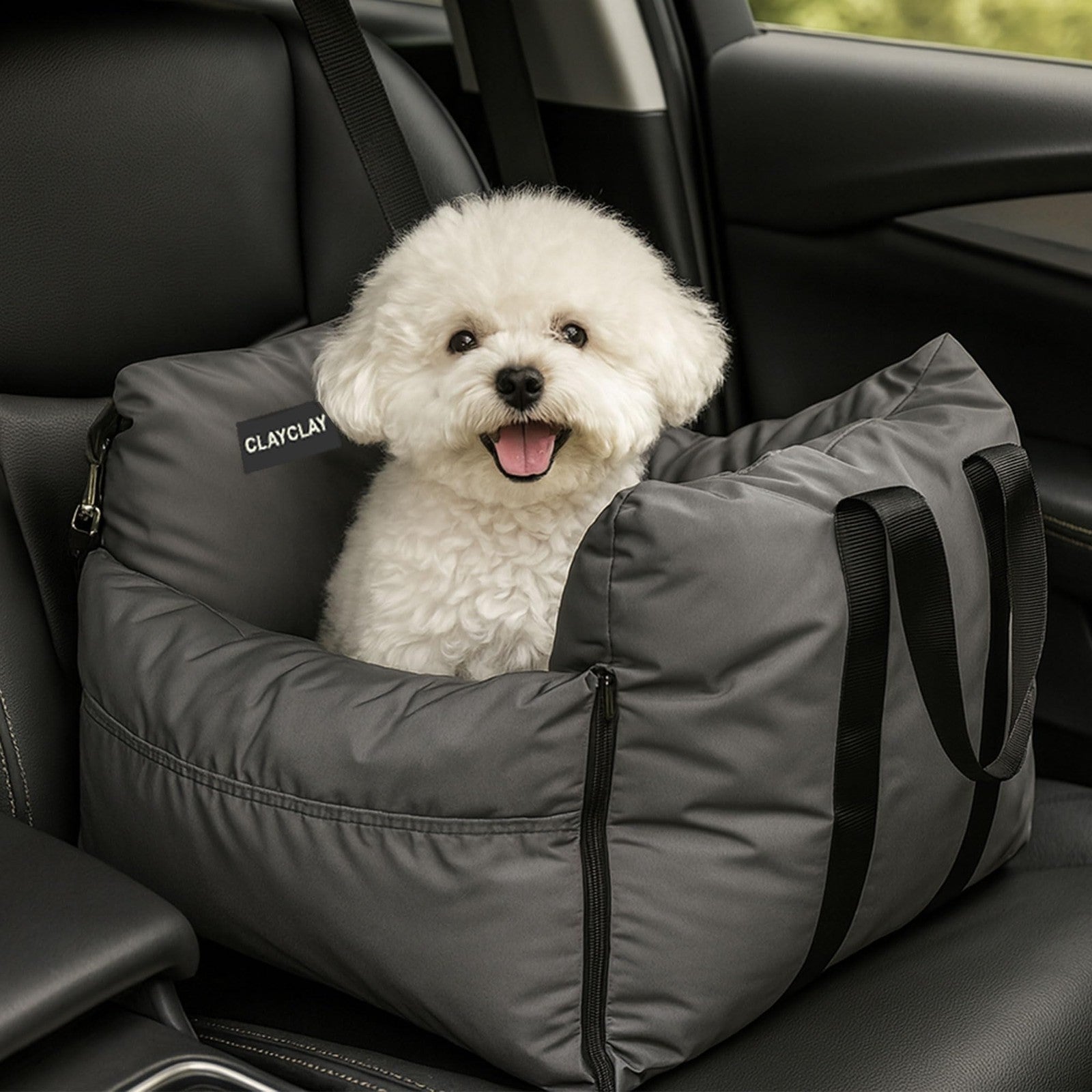 Waterproof CLAYCLAY dog car seat for small dogs with safety strap, portable booster seat for secure travel.
