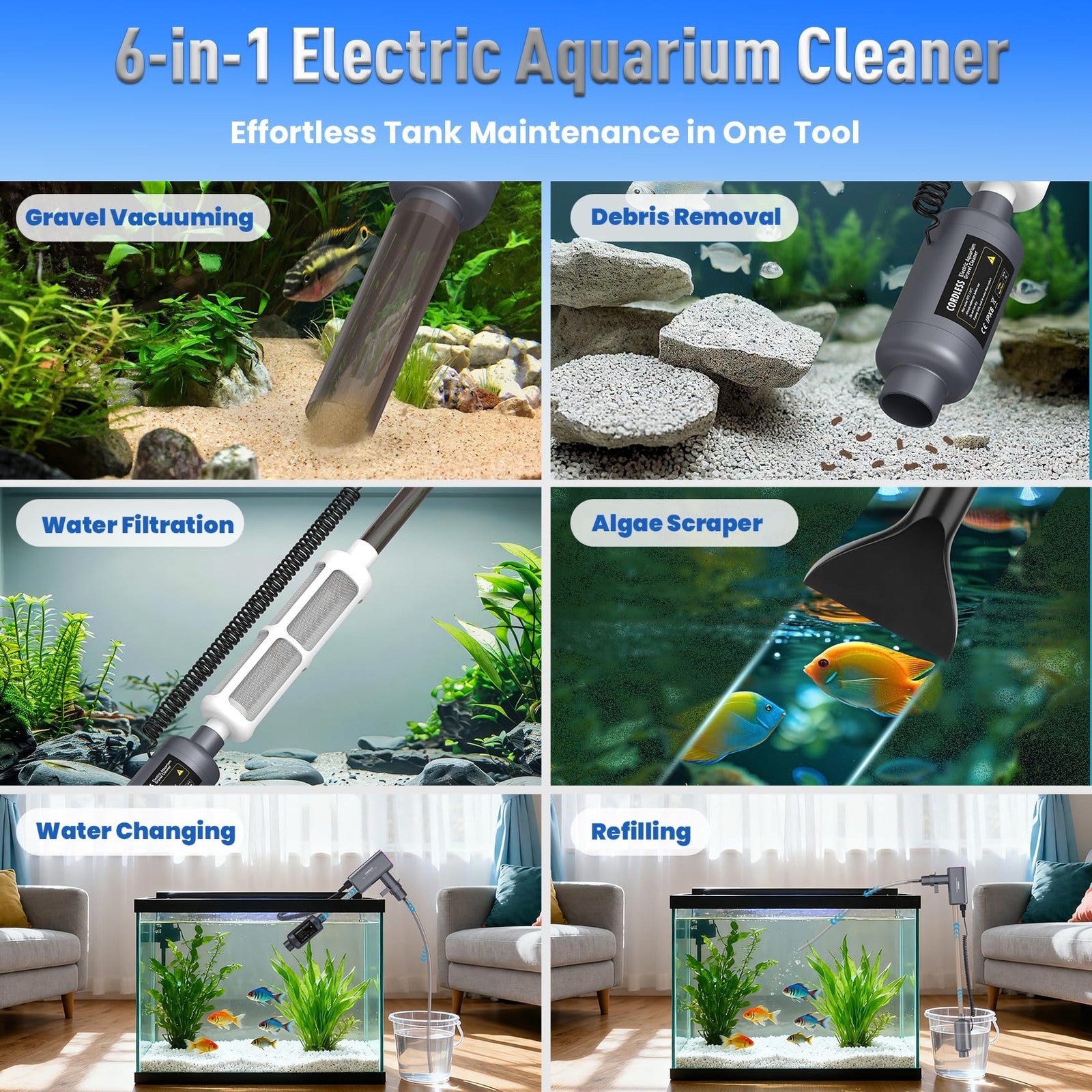 Rechargeable electric aquarium gravel cleaner from RIRMJOR with adjustable suction for fish tanks, featuring a compact design and nozzle attachment.