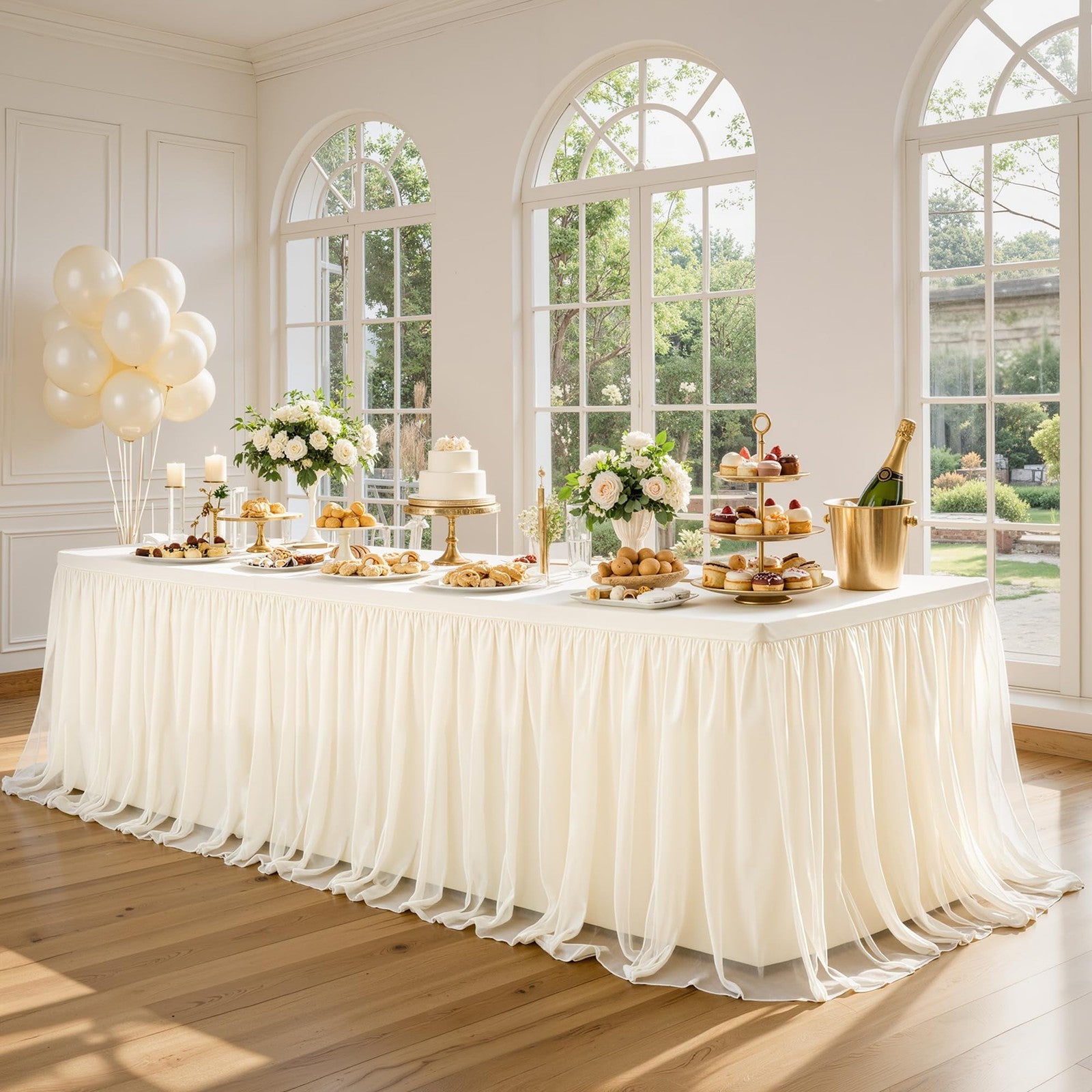 Ivory tulle tablecloth by Wish Care for 8-foot rectangle tables, stretch-fit, elegant and lightweight for events.