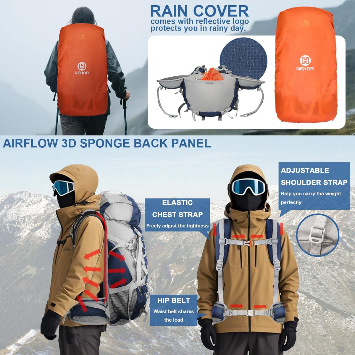 Nehor 60L water-resistant hiking backpack with rain cover, large camping backpack suitable for outdoor adventures