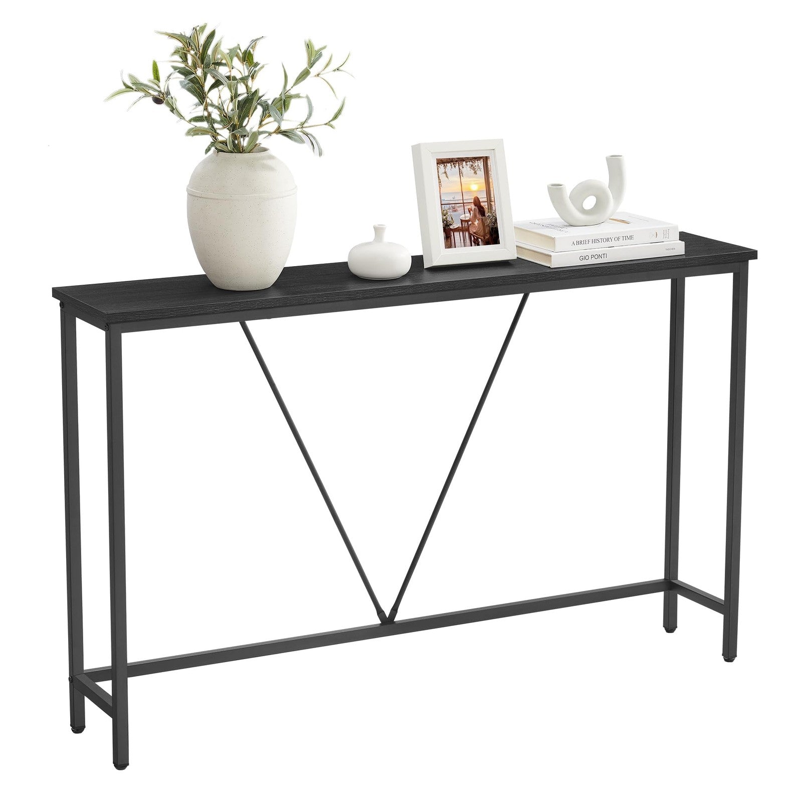 VASAGLE console sofa table, narrow entryway table for living room or bedroom, showcasing a sleek wooden design with storage shelves.