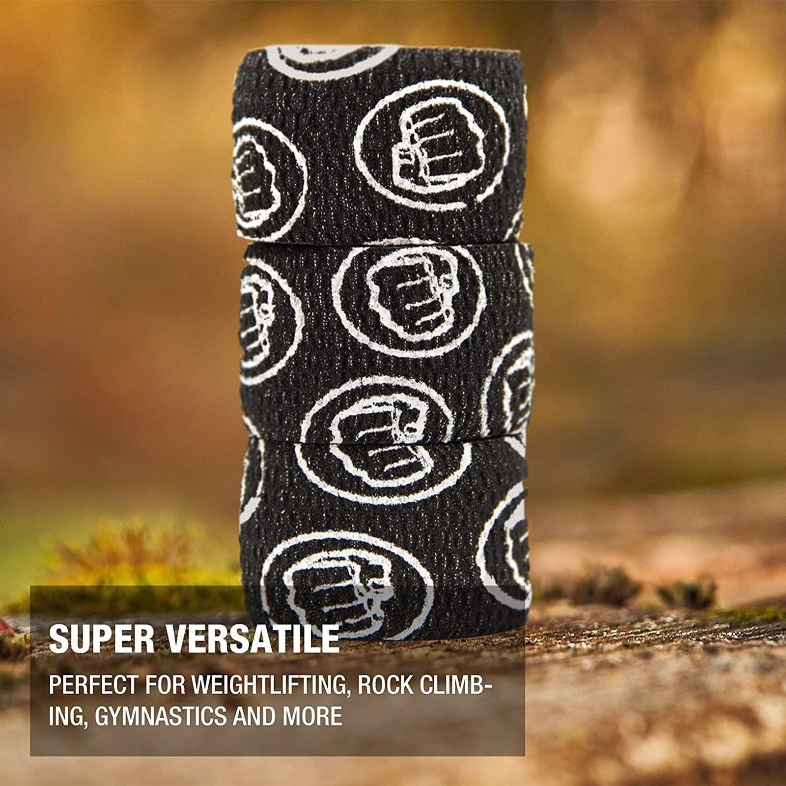 Flexible fabric Wod Nation weightlifting hook grip athletic tape wrapped around thumb and fingers for support during lifting.