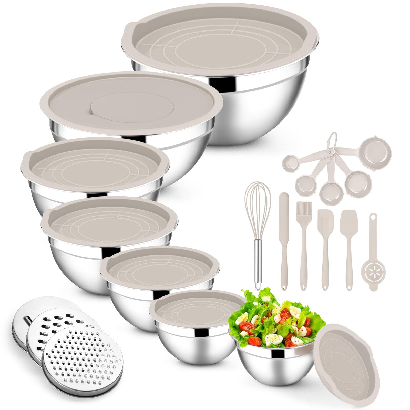 E-far 21-piece stainless steel mixing bowls set with lids, including various sizes for salads, baking, and food prep.