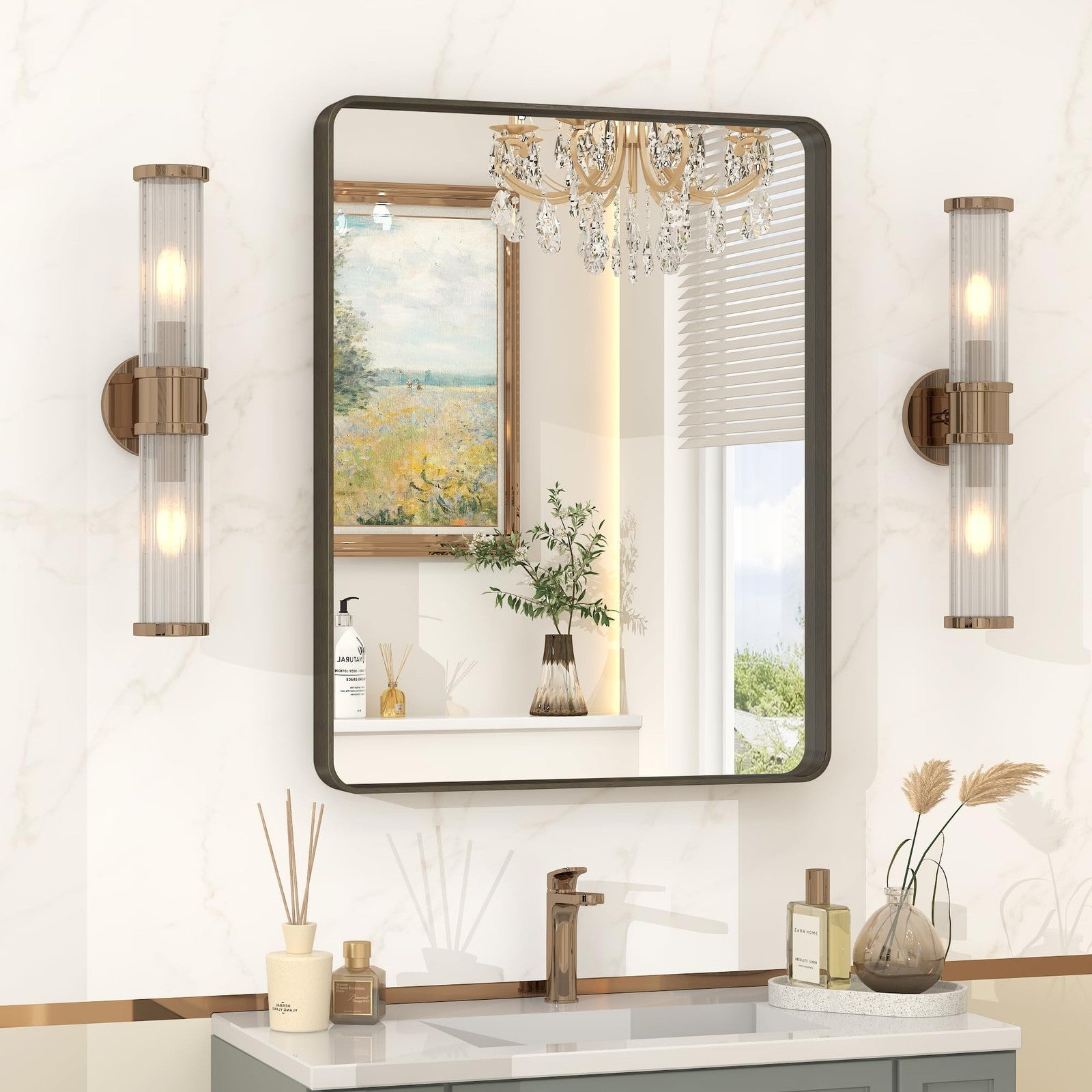 VANLIO 22x30 inch bronze framed bathroom mirror with brushed bronze metal frame, reflective glass surface for vanity use