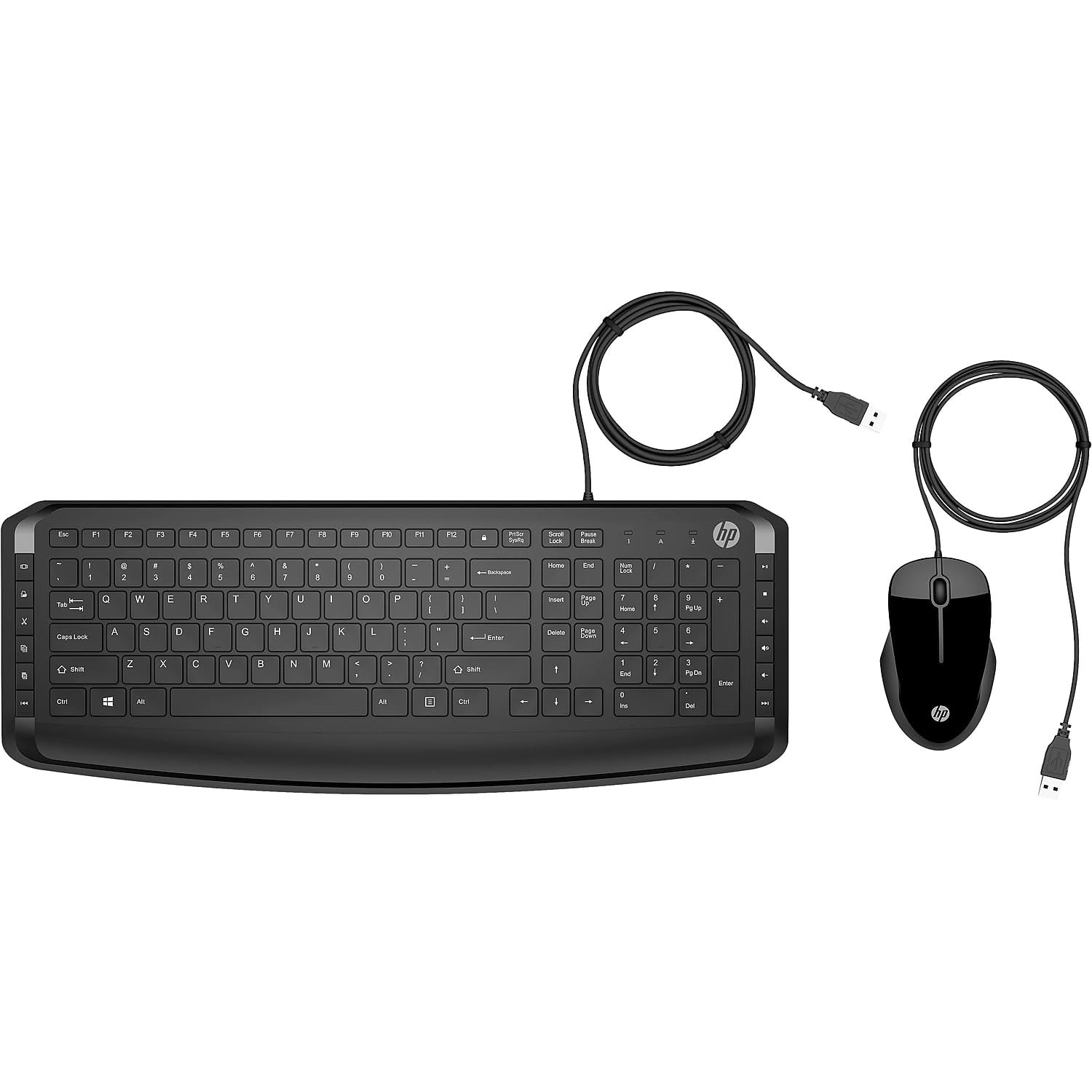 HP Pavilion wired keyboard and mouse set in black with USB-A plug-and-play connectivity, full-size design for desktop use.