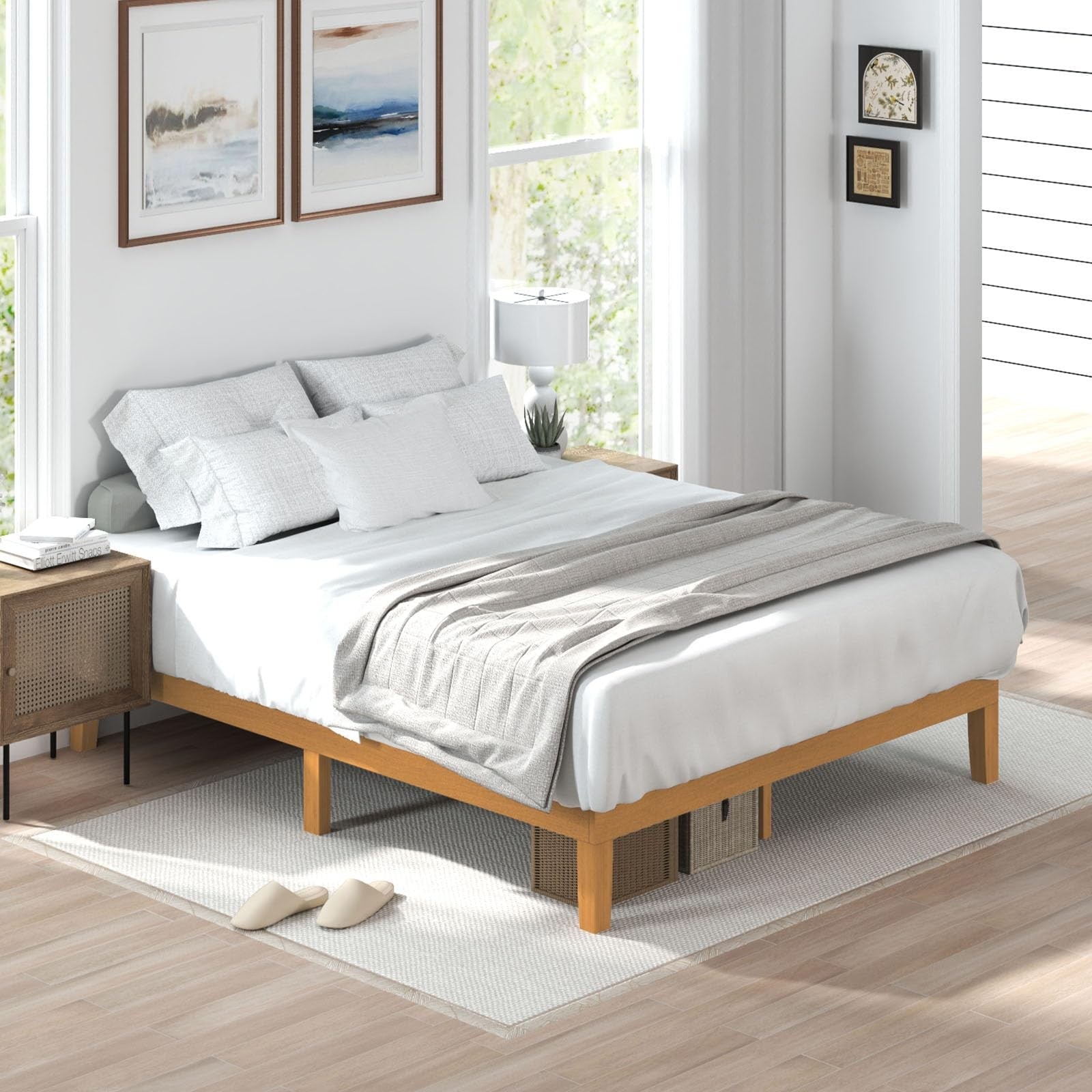Sweetcrispy queen size solid wood bed frame with sturdy wood slat support and a durable bed base.