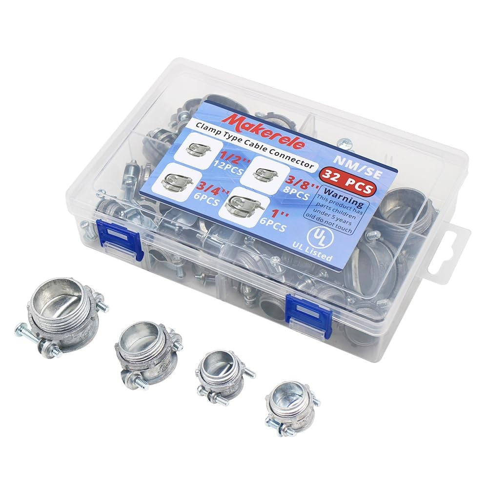 MAKERELE 32-piece cable connector kit with zinc clamp type connectors in various sizes including 1/2, 3/8, 3/4, and 1 inch