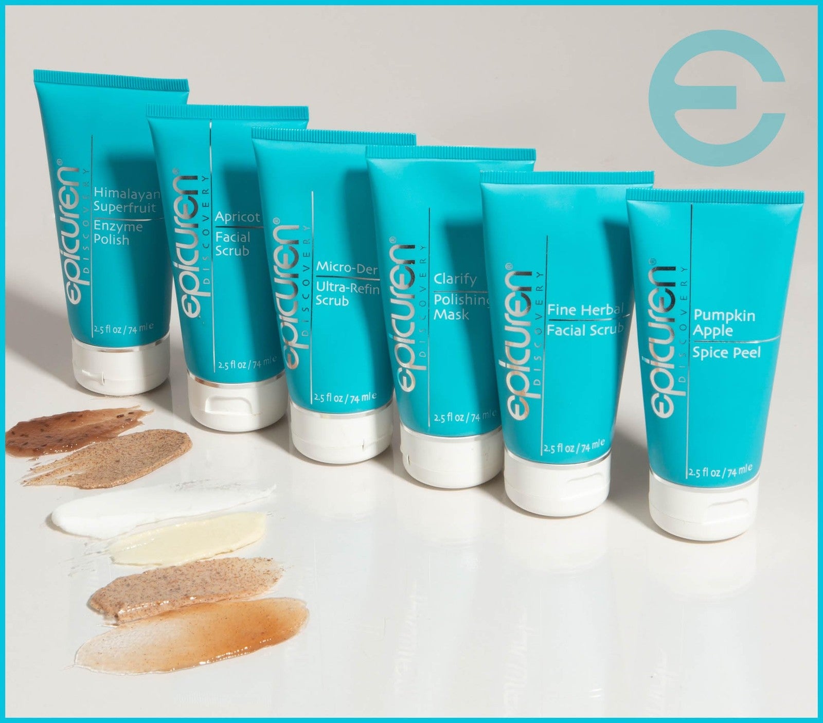 Epicuren Discovery Apricot Facial Scrub in beige with dark brown flecks, 2.5 fl oz, showing textured exfoliating product.