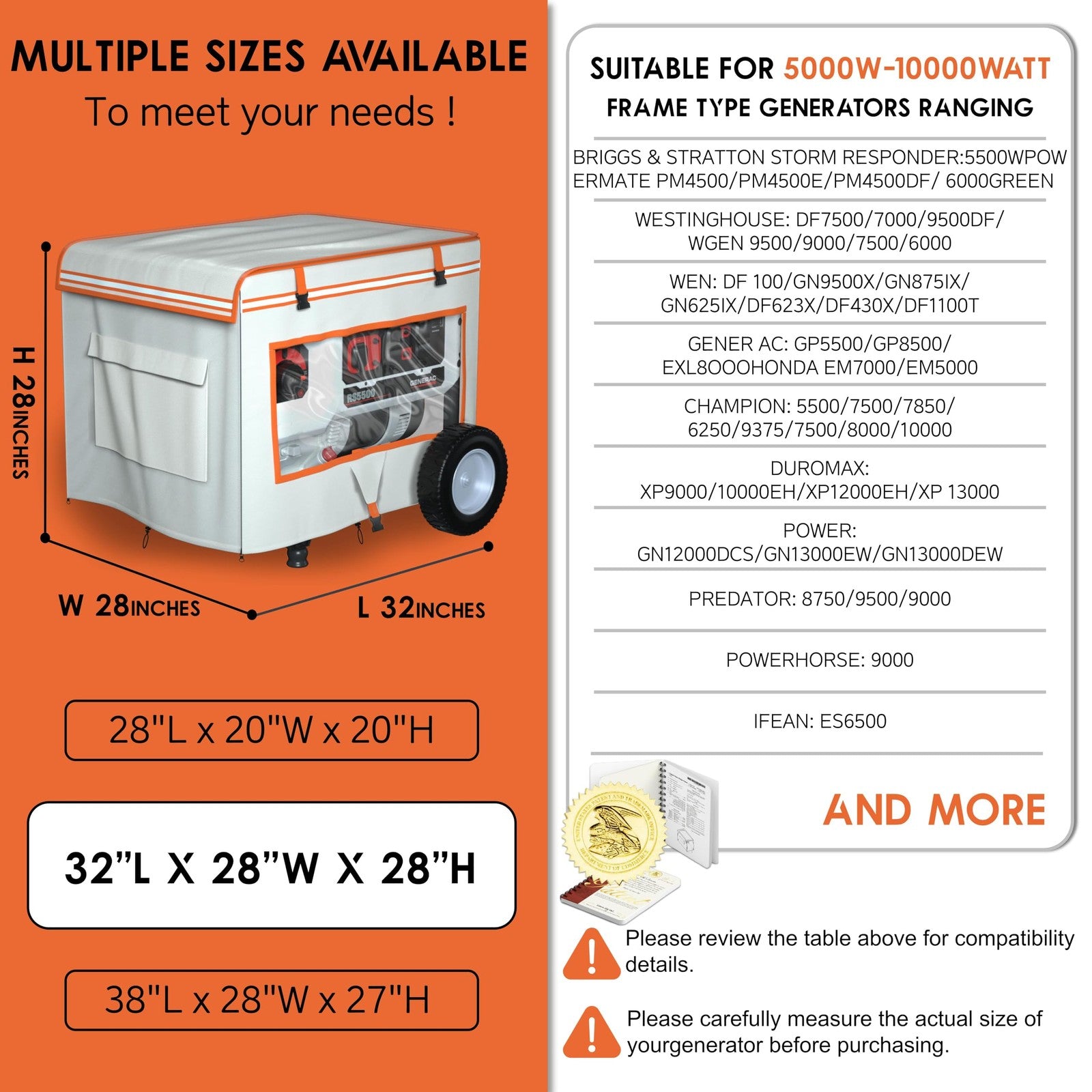 All-season TBNO generator cover fitting 32"L x 24"W x 24"H, designed to protect generator while running.