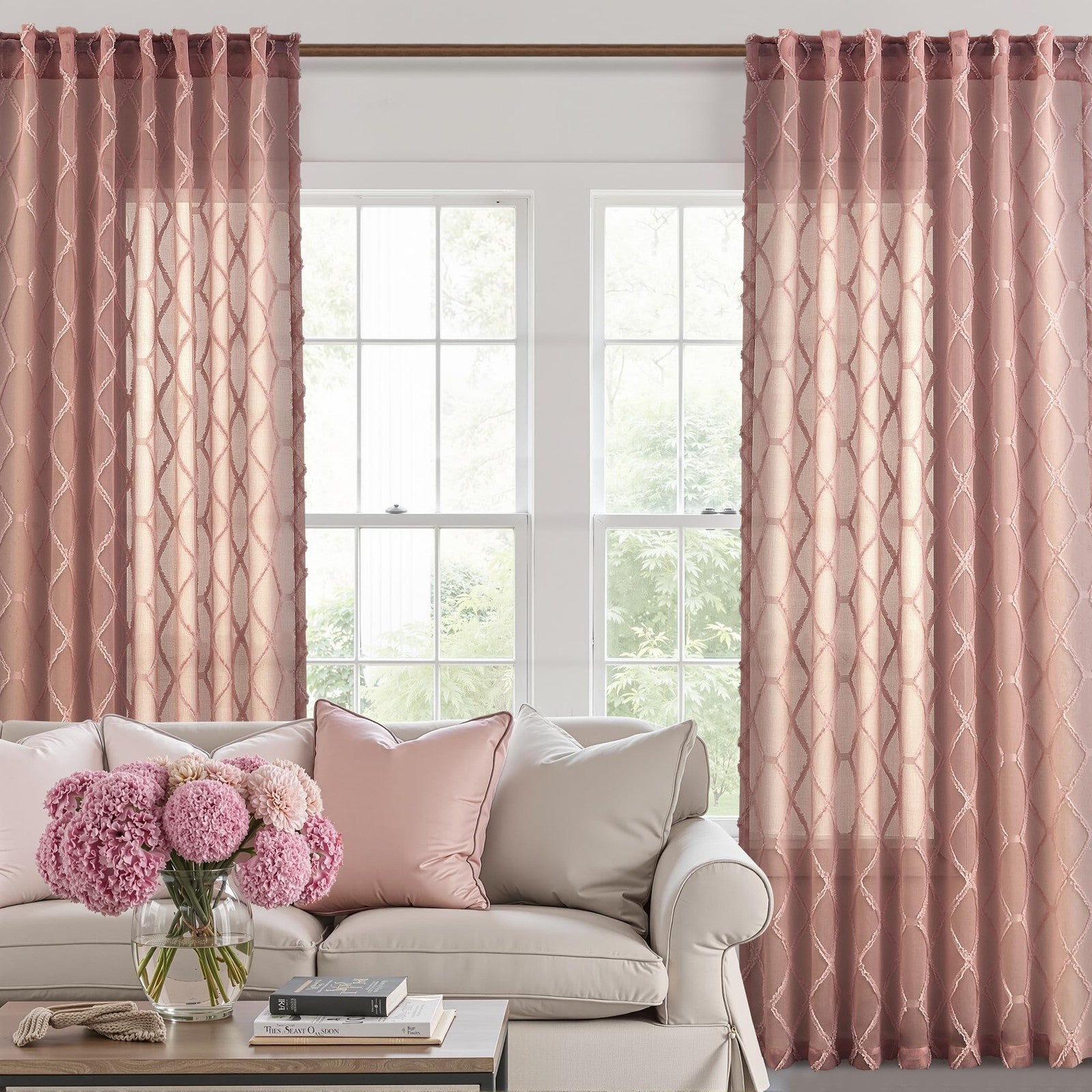 Hokibero extra long canyon rose sheer curtains hanging in a living room, 108 inches long, lightweight and elegant window treatment