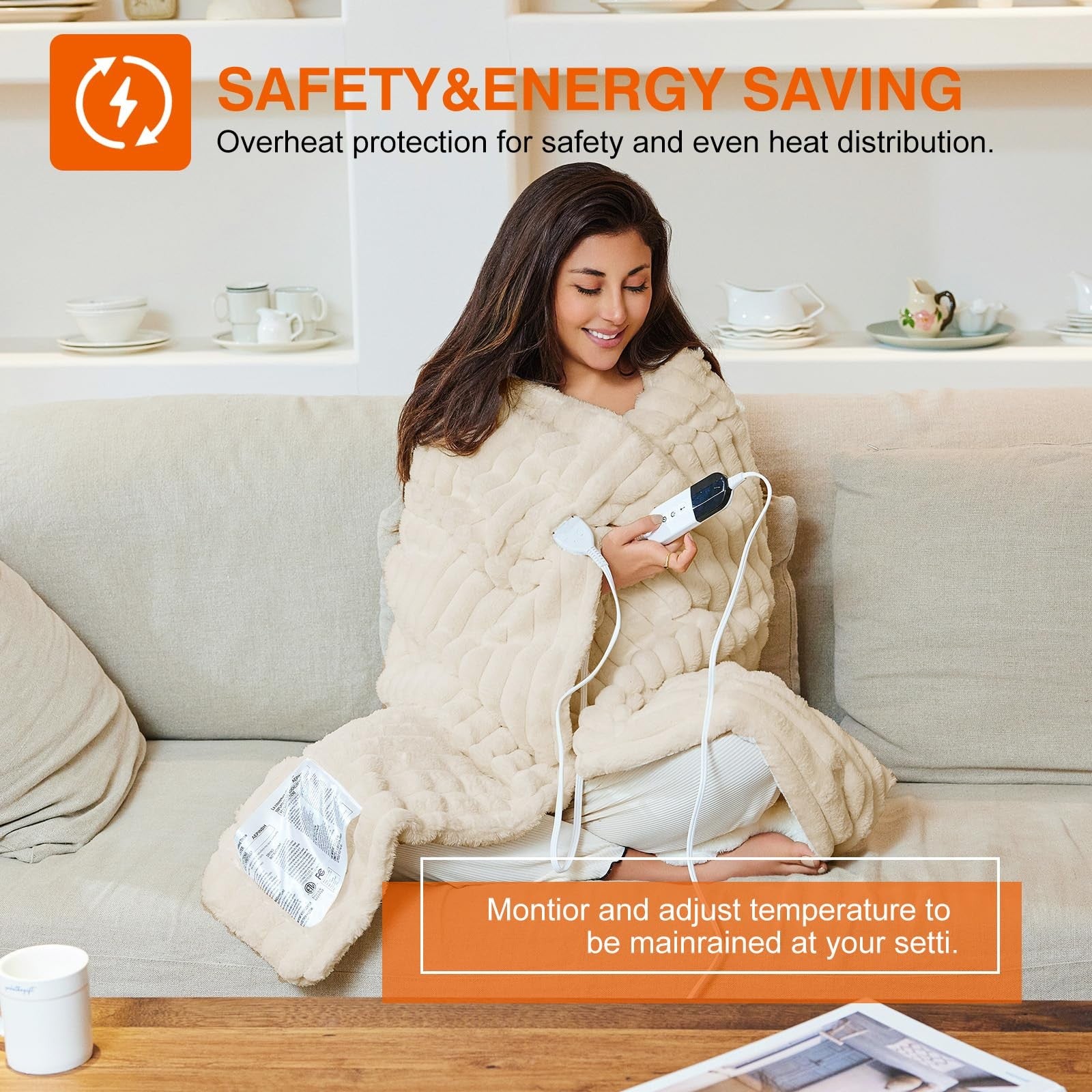 AEPINBH heated electric blanket throw with faux material, showing its plush fabric and control panel with six heating levels.
