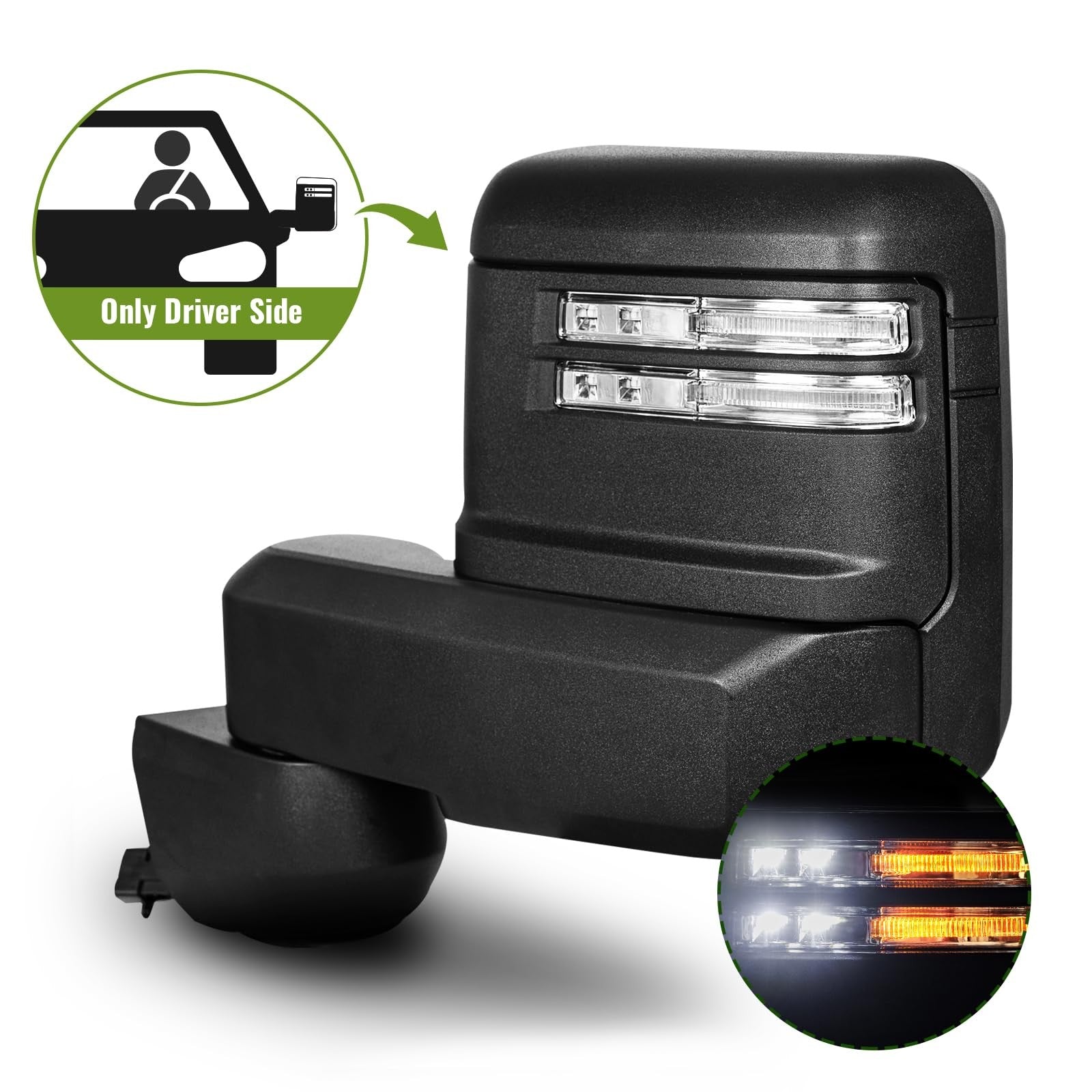 Siziom textured driver side tow mirror for Chevy Silverado and GMC Sierra 2500/3500HD trucks, showing the mirror and mounting details.