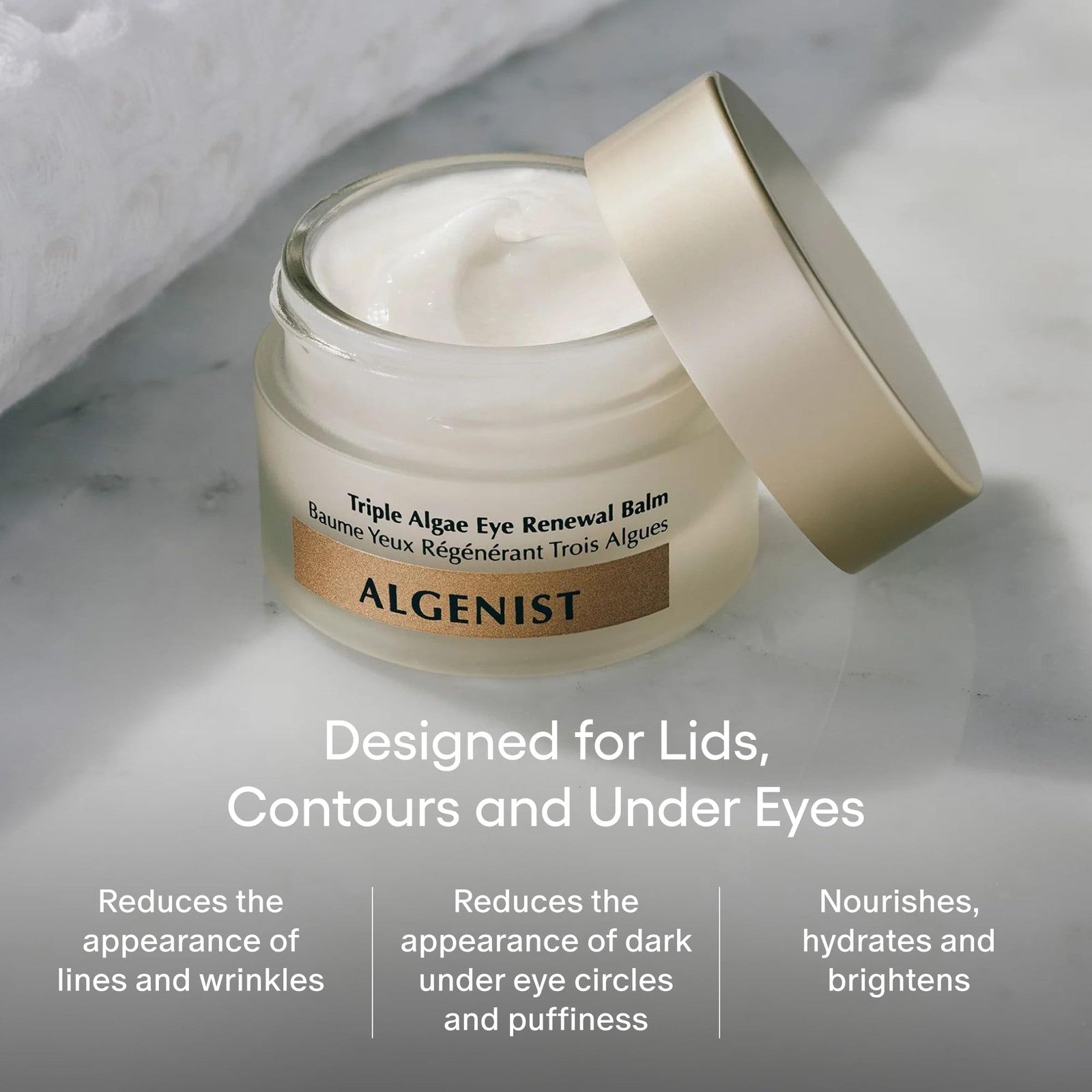 Algenist Triple Algae Eye Renewal Balm in a sleek jar, showing the hydrating vegan eye cream with caffeine and peptide ingredients.