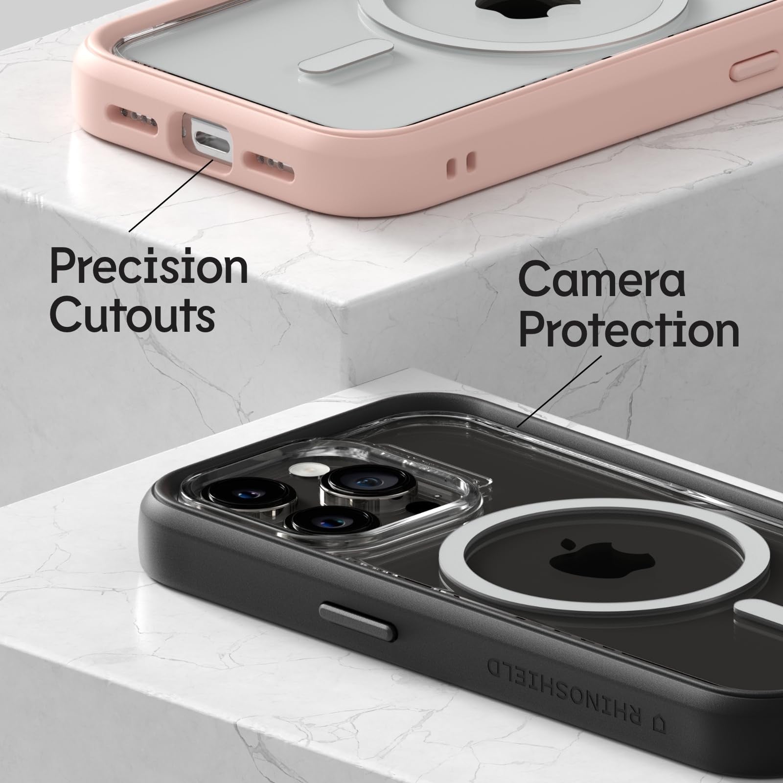 RhinoShield Modular Case for iPhone 16 Pro Max with MagSafe attachment, showing the black protective case and modular design.