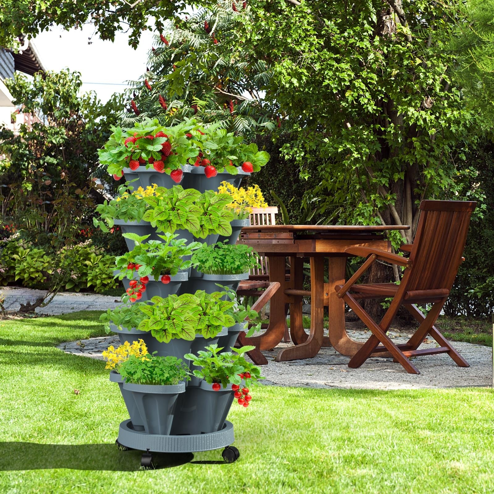 Tectsia strawberry vertical planter tower garden with seven stackable tiers for growing strawberries and herbs indoors or outdoors.