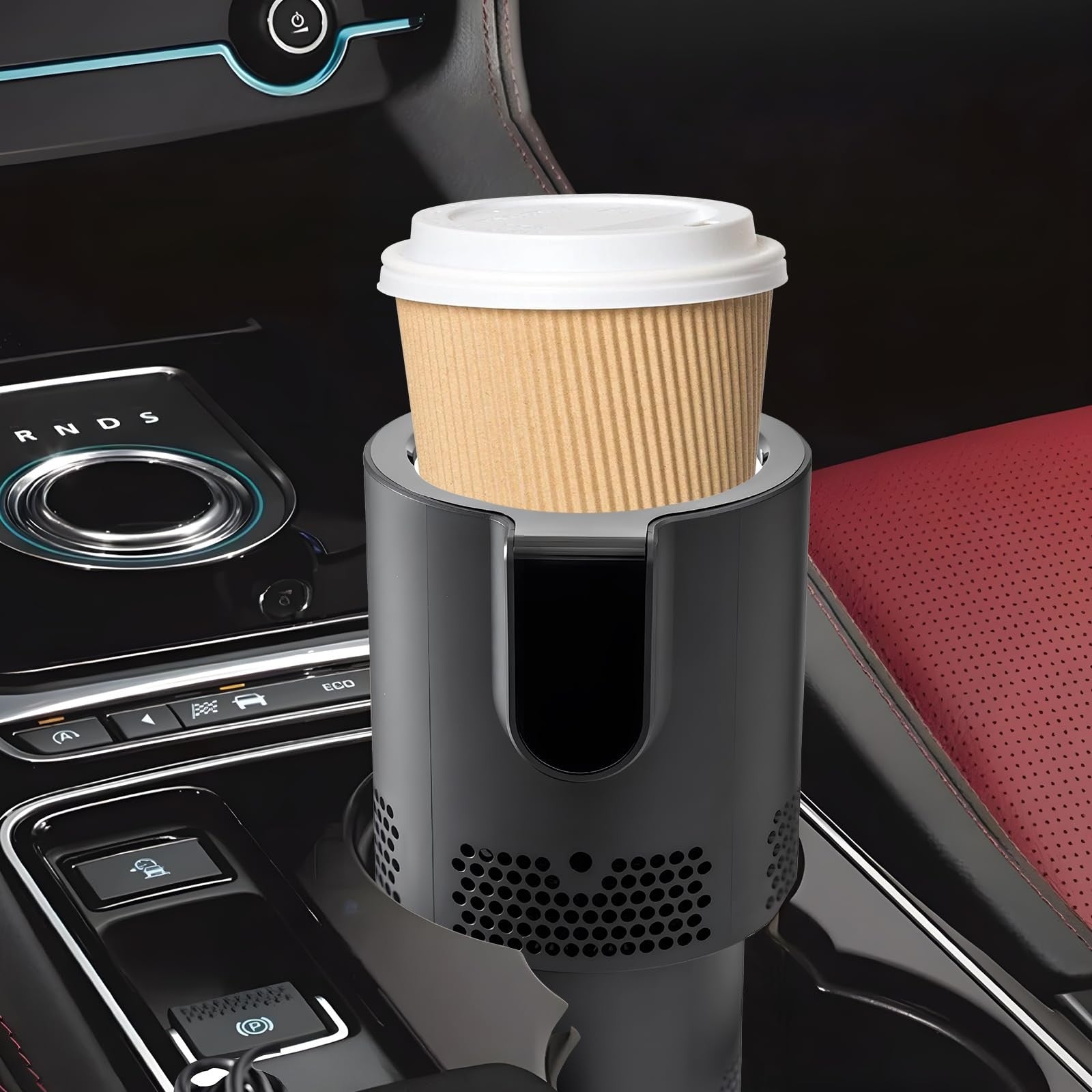 Yesinaly 2-in-1 smart car cup cooler and heater with digital temperature control, showing the device fitted in a car cup holder.