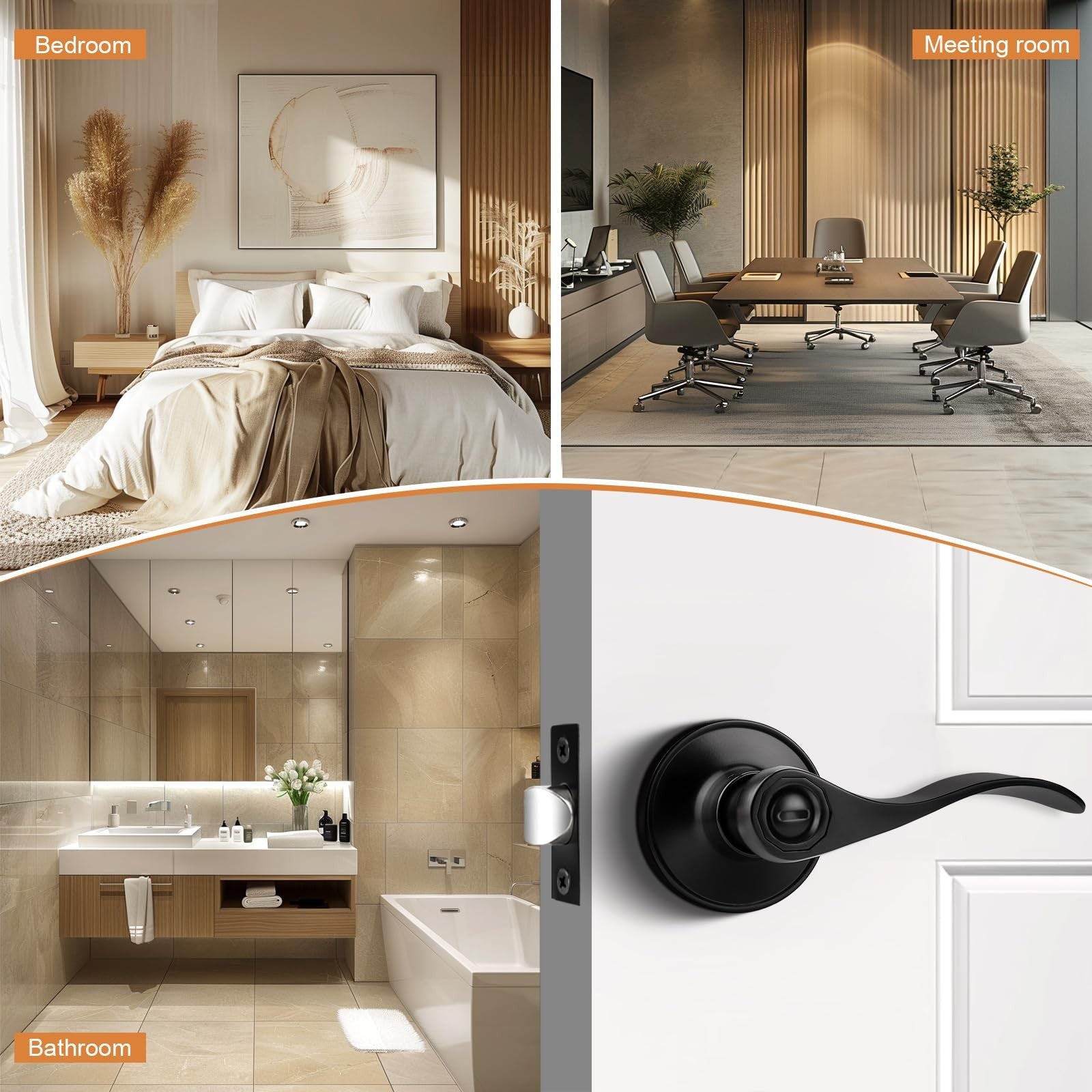 Probrico black privacy door handles in a 4-pack, featuring modern lever design for bathroom and interior doors.