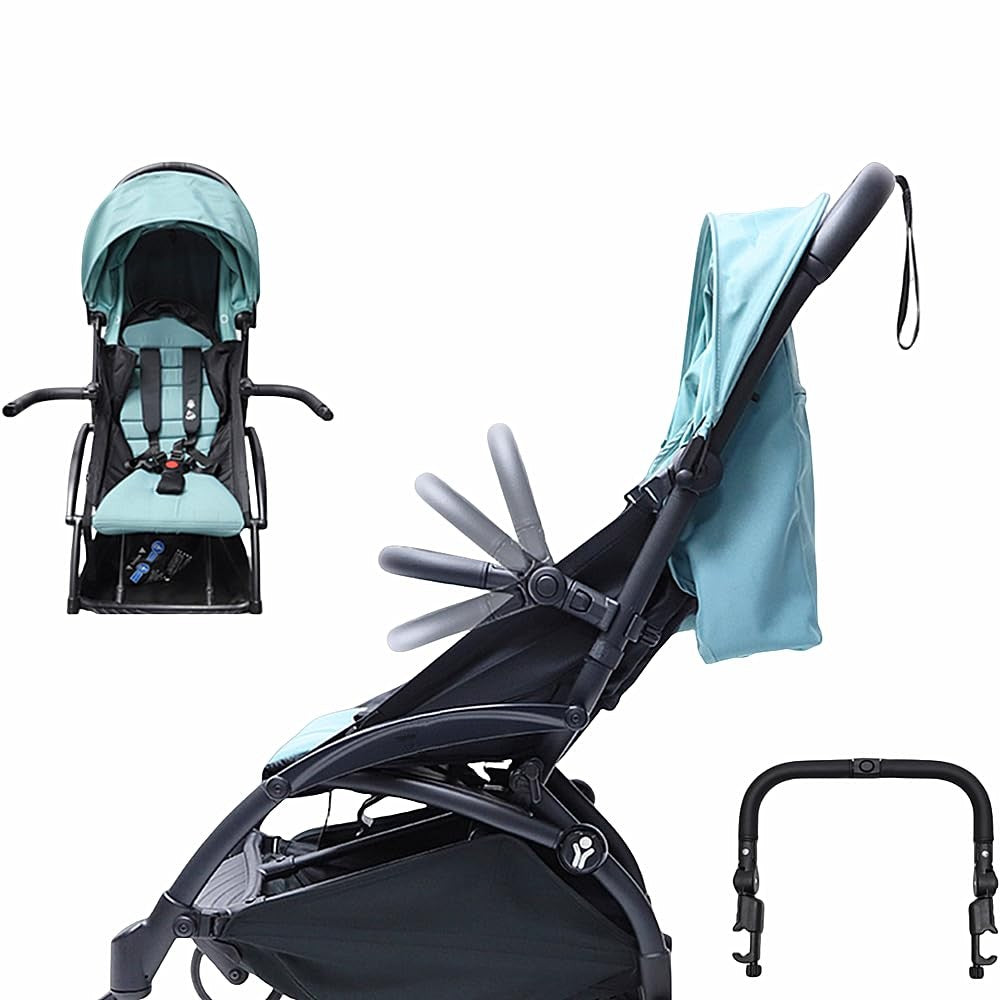 MINILUJIA adjustable stroller bumper bar with leather cover and detachable crossbar, showing the padded, stylish safety accessory.