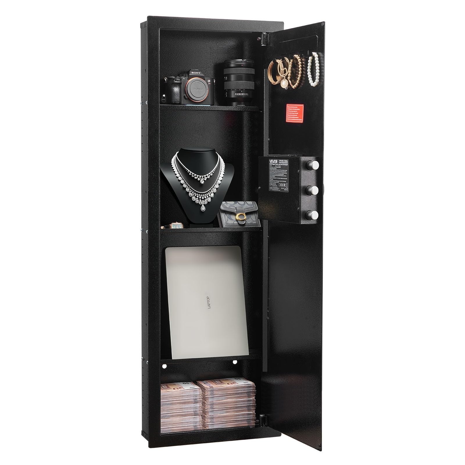 Vevor 43.3-inch high wall safe with 4-tier gun storage, hidden wall-mounted design, keypad lock, and key access.