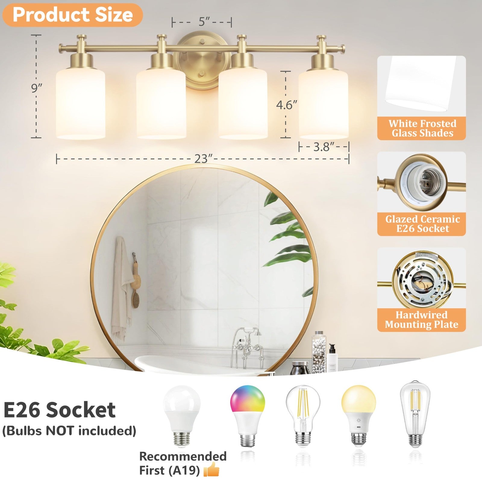 Imizdlum 4-light brushed gold bathroom vanity light fixture with modern design and clear glass shades.