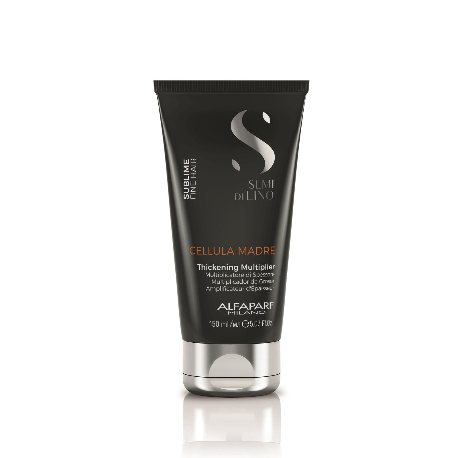 ALFAPARF MILANO Semi di Lino Sublime Cellula Madre Thickening Multiplier for fine hair, in a sleek white bottle with a pump dispenser.