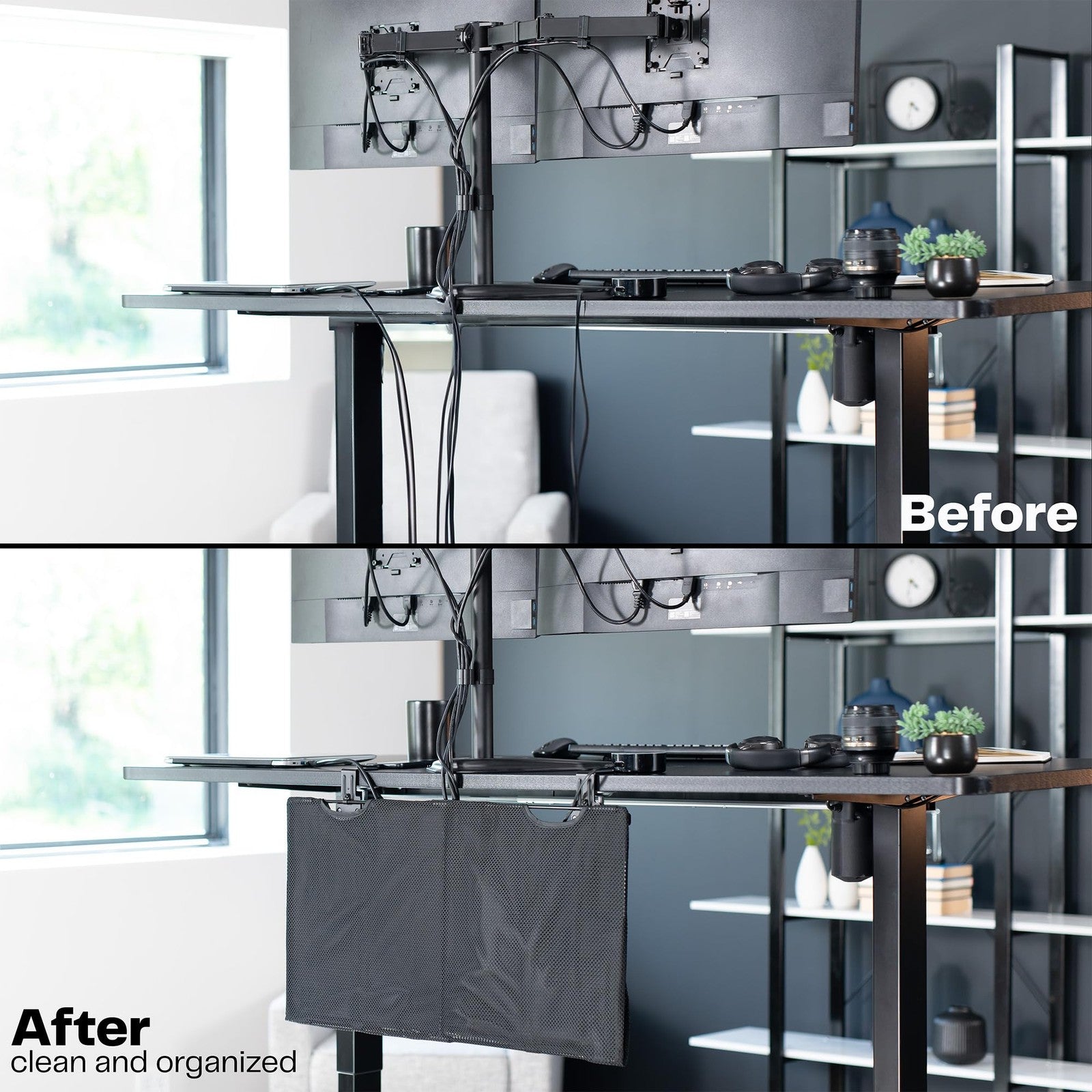 VIVO 24-inch clamp-on privacy and cable management organizer sleeve with wire hider, black fabric, mounted on a desk.