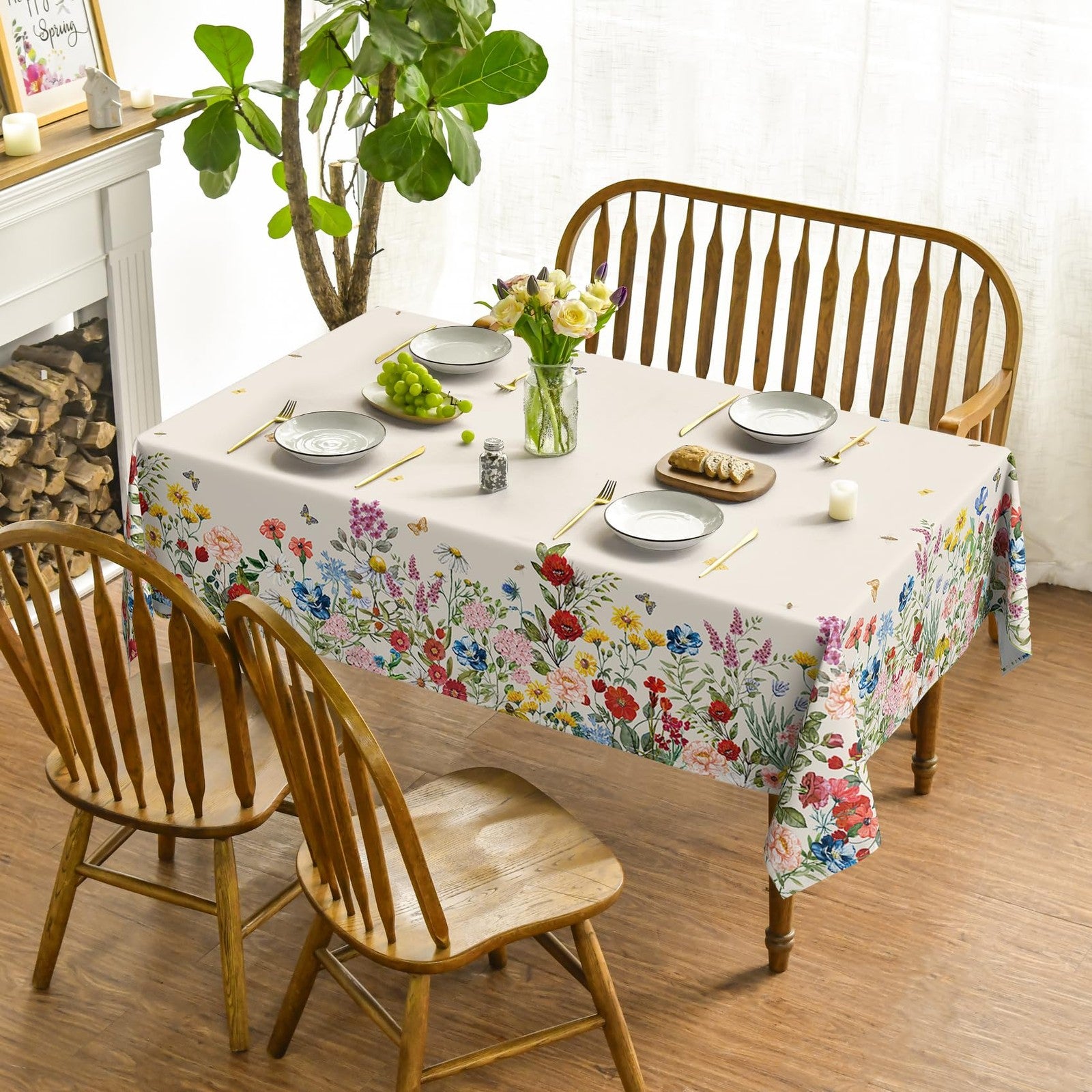 Horaldaily vintage floral spring tablecloth, 60x120 inches, beige wash with rectangular shape and floral pattern.