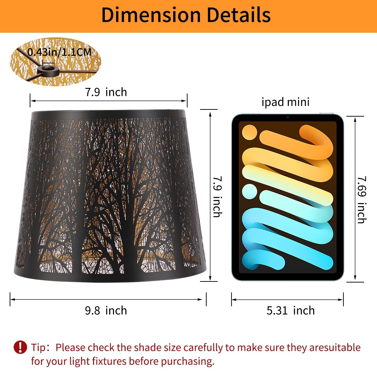 Set of two KOZEOTA metal drum lamp shades with 7.9-inch top, 9.8-inch bottom, and 7.9-inch height, in a sleek metallic finish.