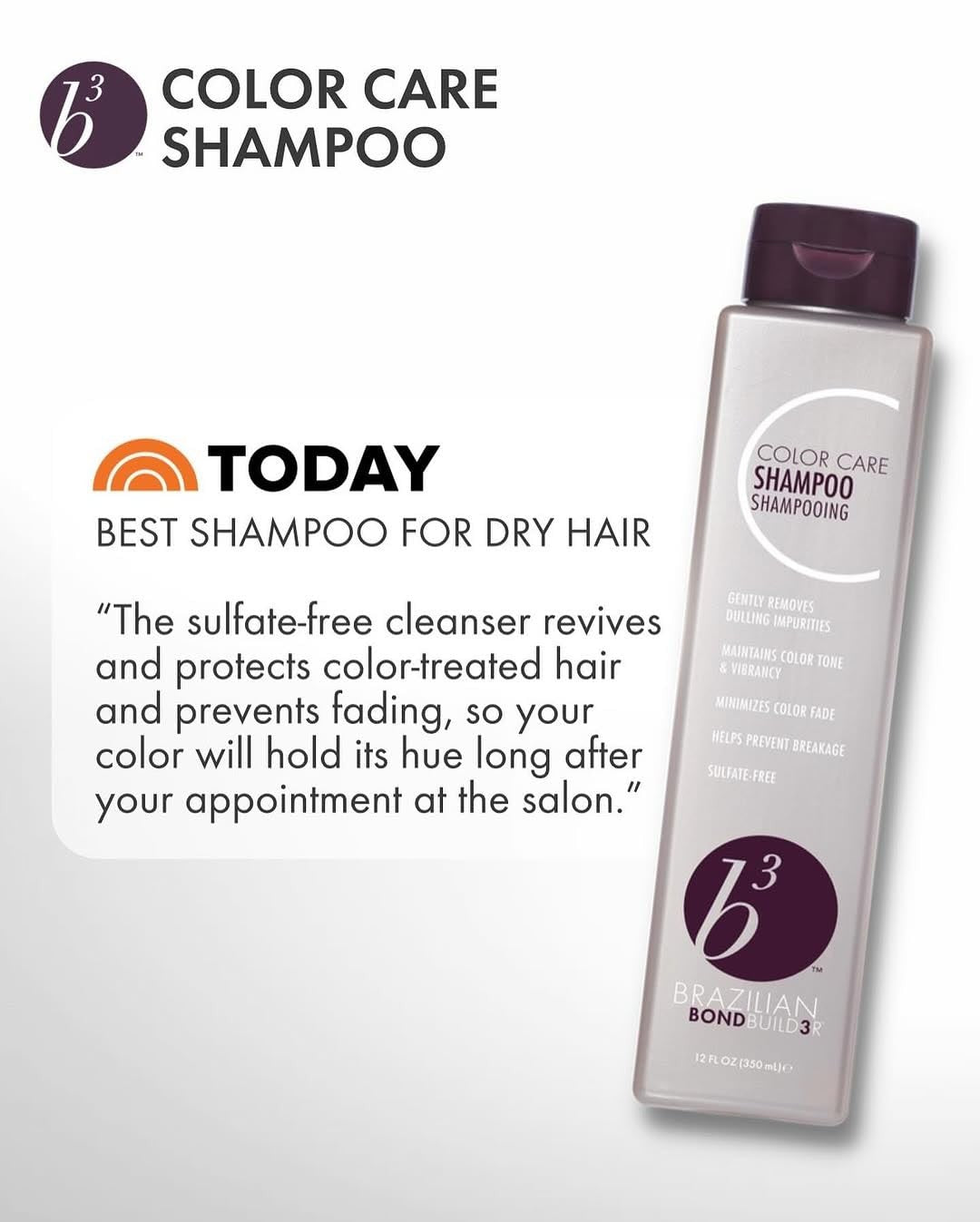 B3 Brazilian Bondbuilder Color Care Shampoo in 12 oz bottle, sulfate-free formula for damaged or color-treated hair.