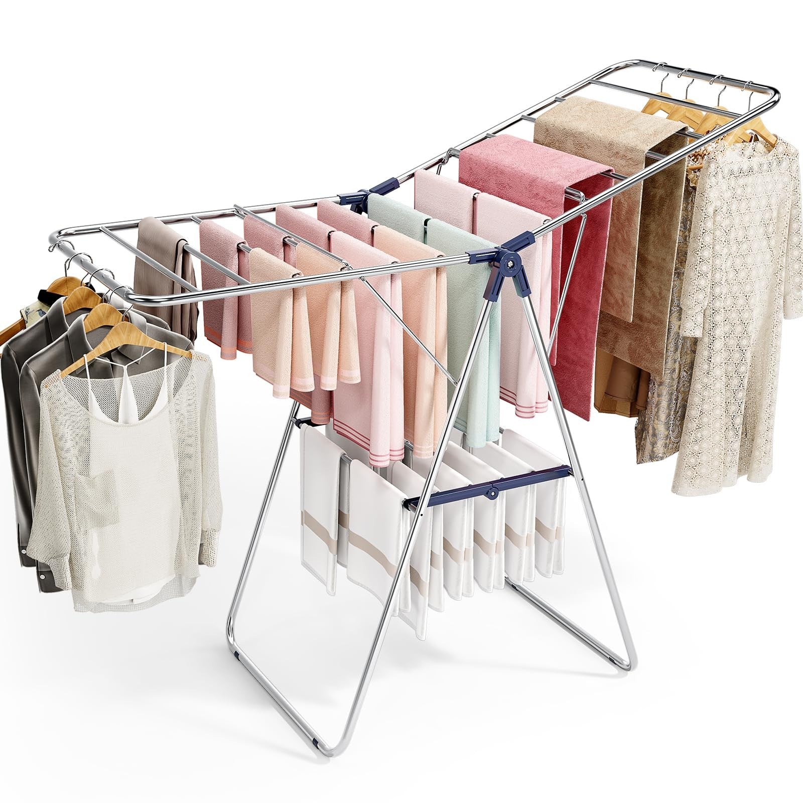 Stainless steel APEXCHASER clothes drying rack with adjustable height, featuring multiple horizontal bars for hanging laundry.