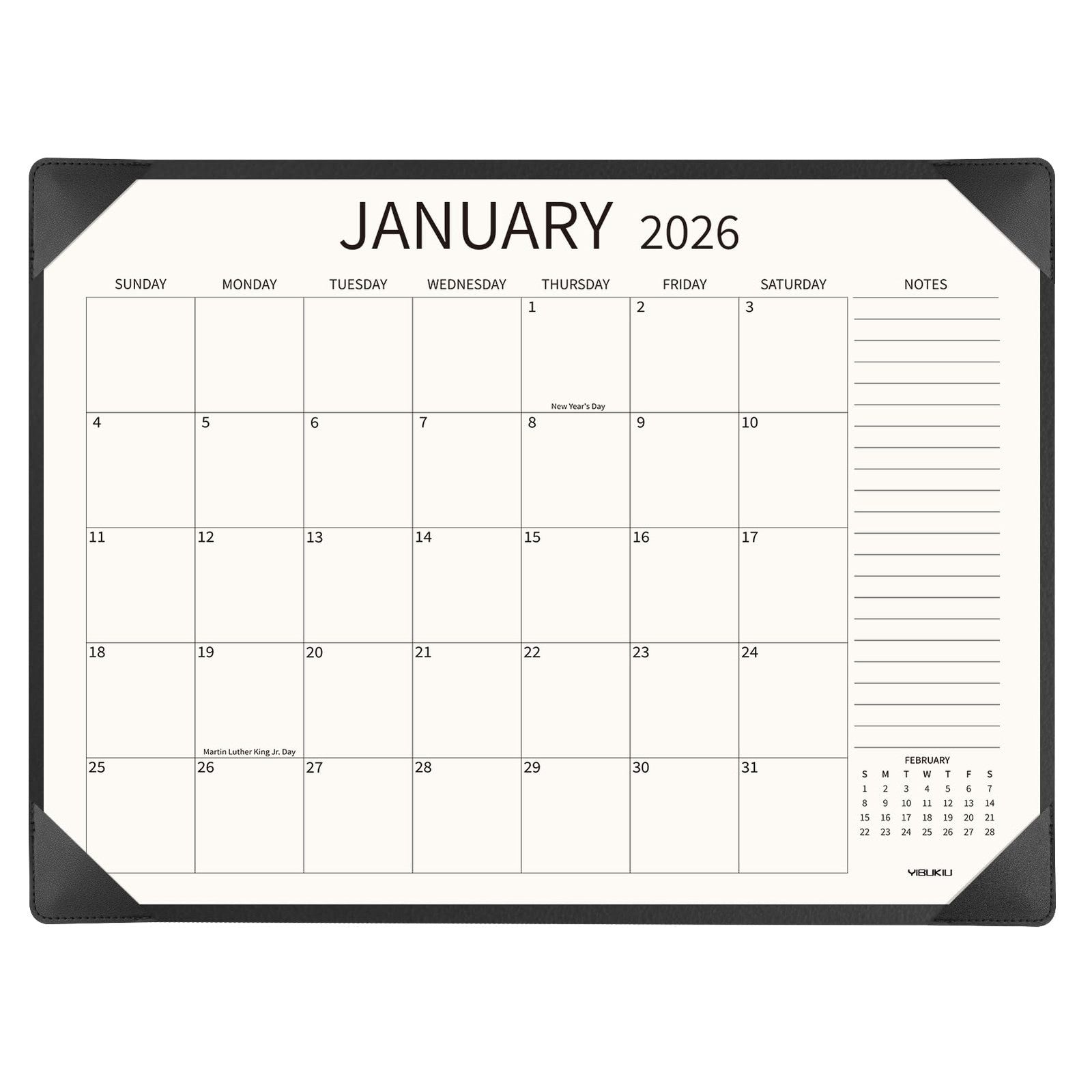 YIBUKIU Desk Calendar 2026-2027, large 22x17 inches, displays January 2026 to June 2027 in a clean, organized layout.
