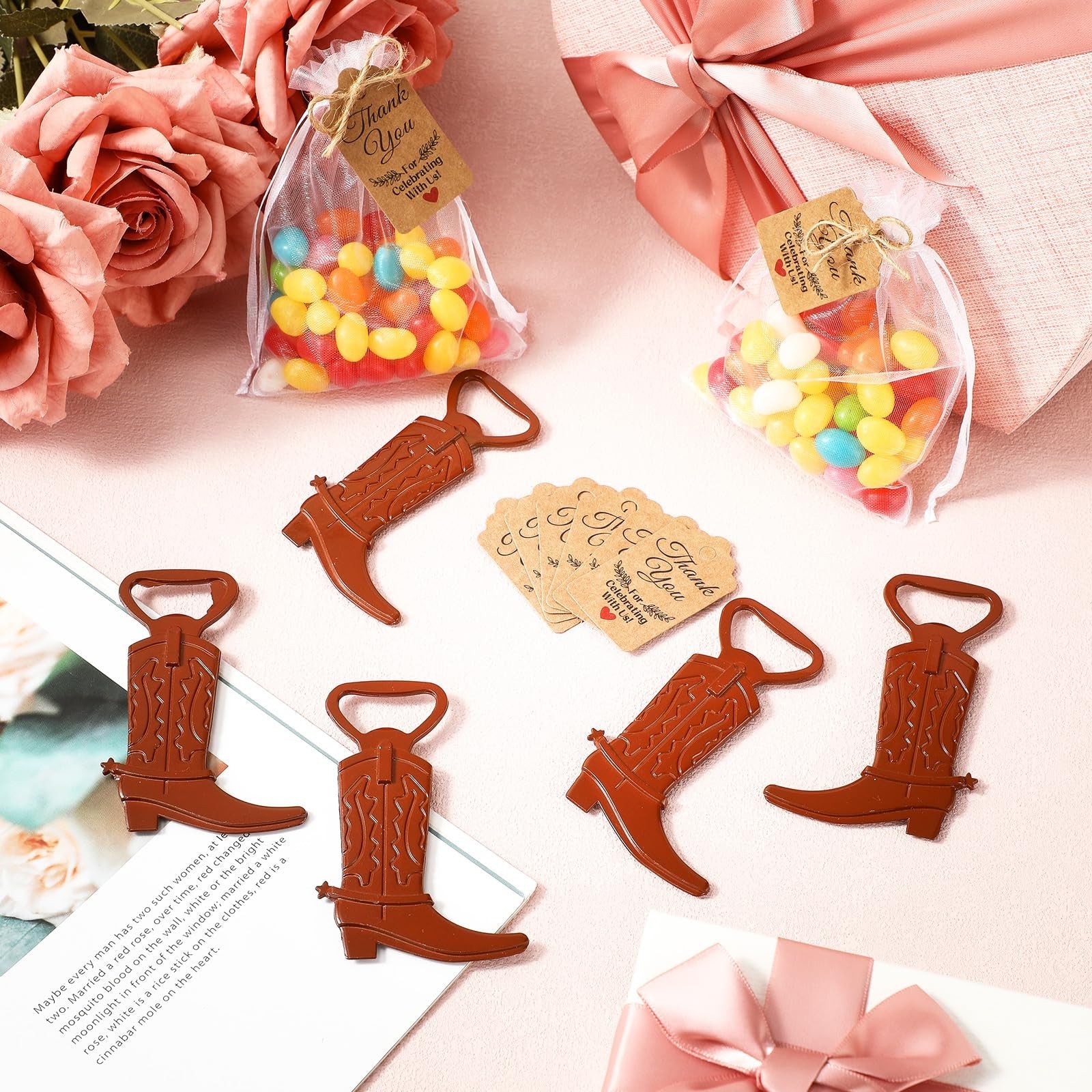 Meanplan 99-piece cowboy boot bottle opener set featuring cowgirl western derby design, perfect for weddings and parties