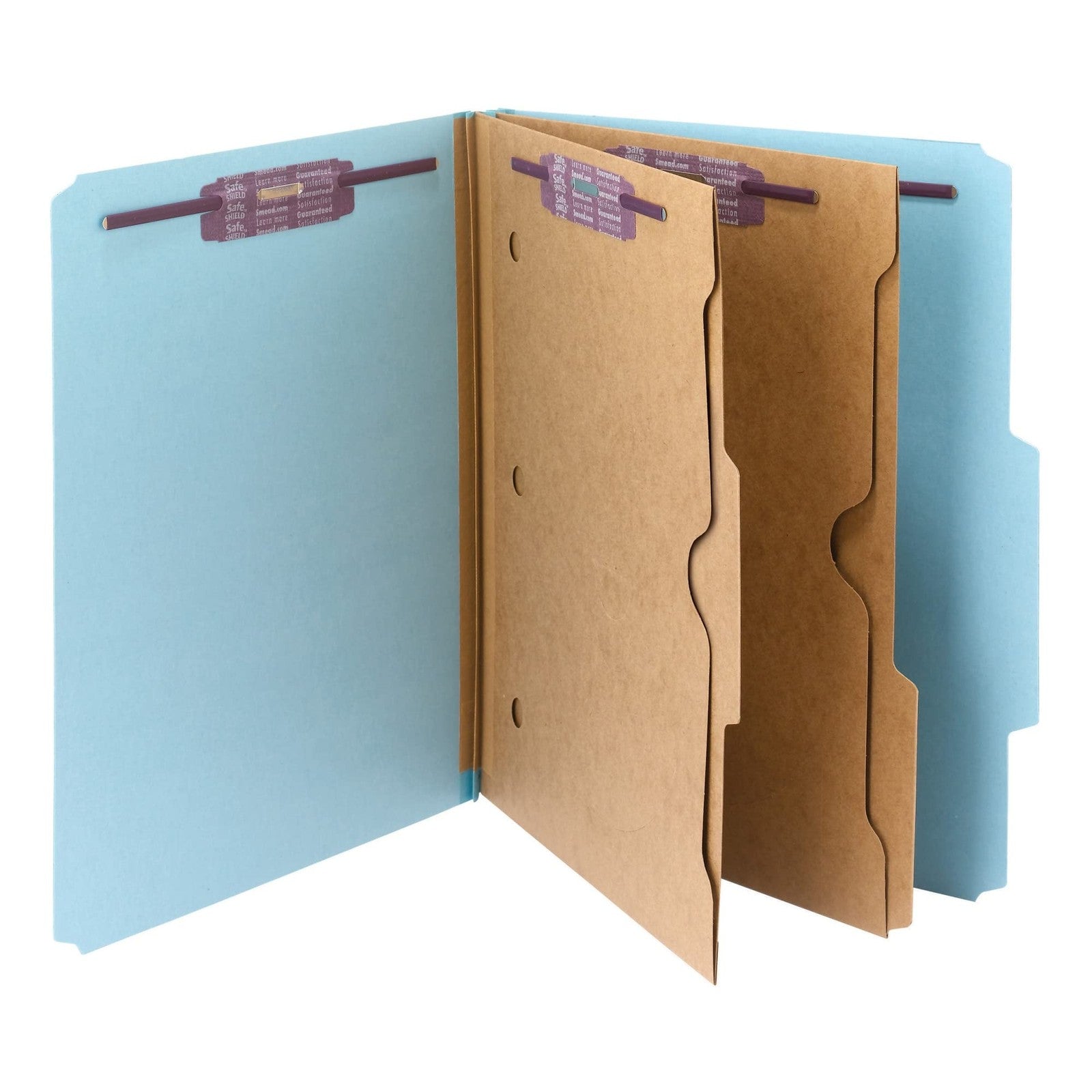 SMEAD pressboard classification file folder with SafeSHIELD fasteners, featuring two pockets and divider for organized document storage.