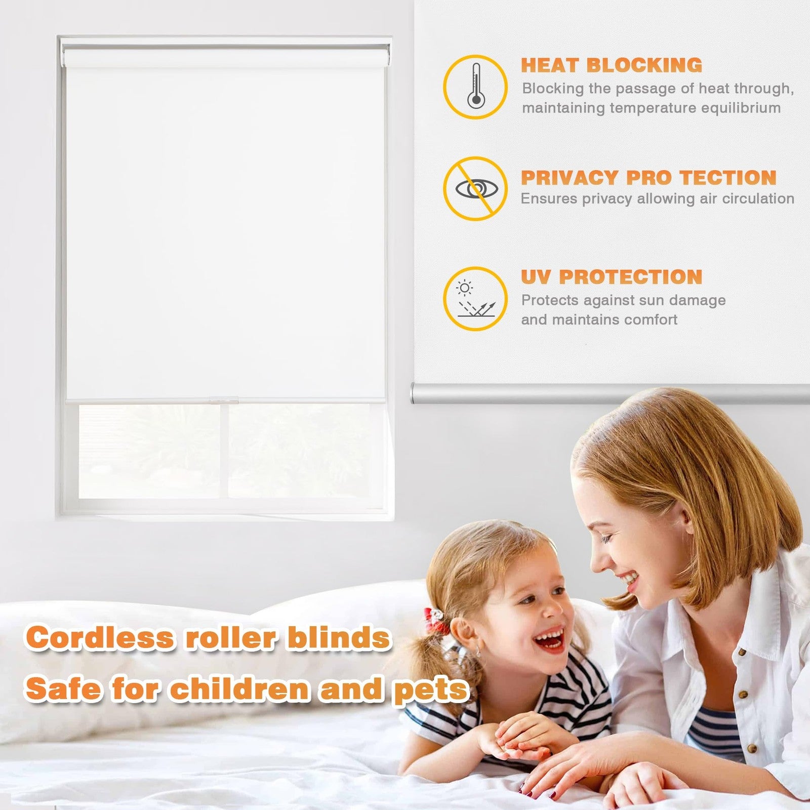 Blackout roller shades for windows by BWEROCIQ, cordless design with thermal insulation, shown rolled down over window.