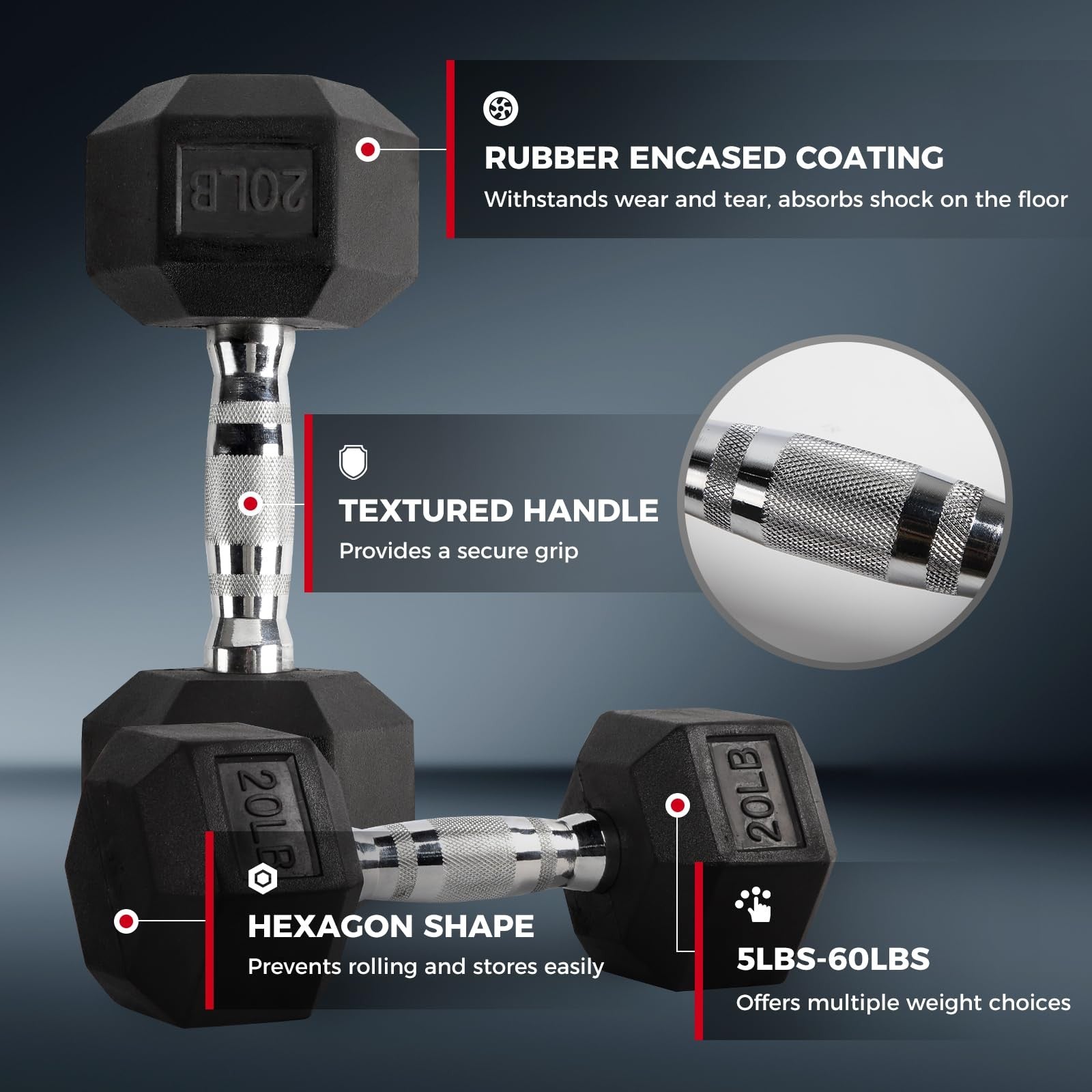 Pair of RitFit 10Lb rubber-coated dumbbells with a compact storage rack, ideal for strength training and home workouts.